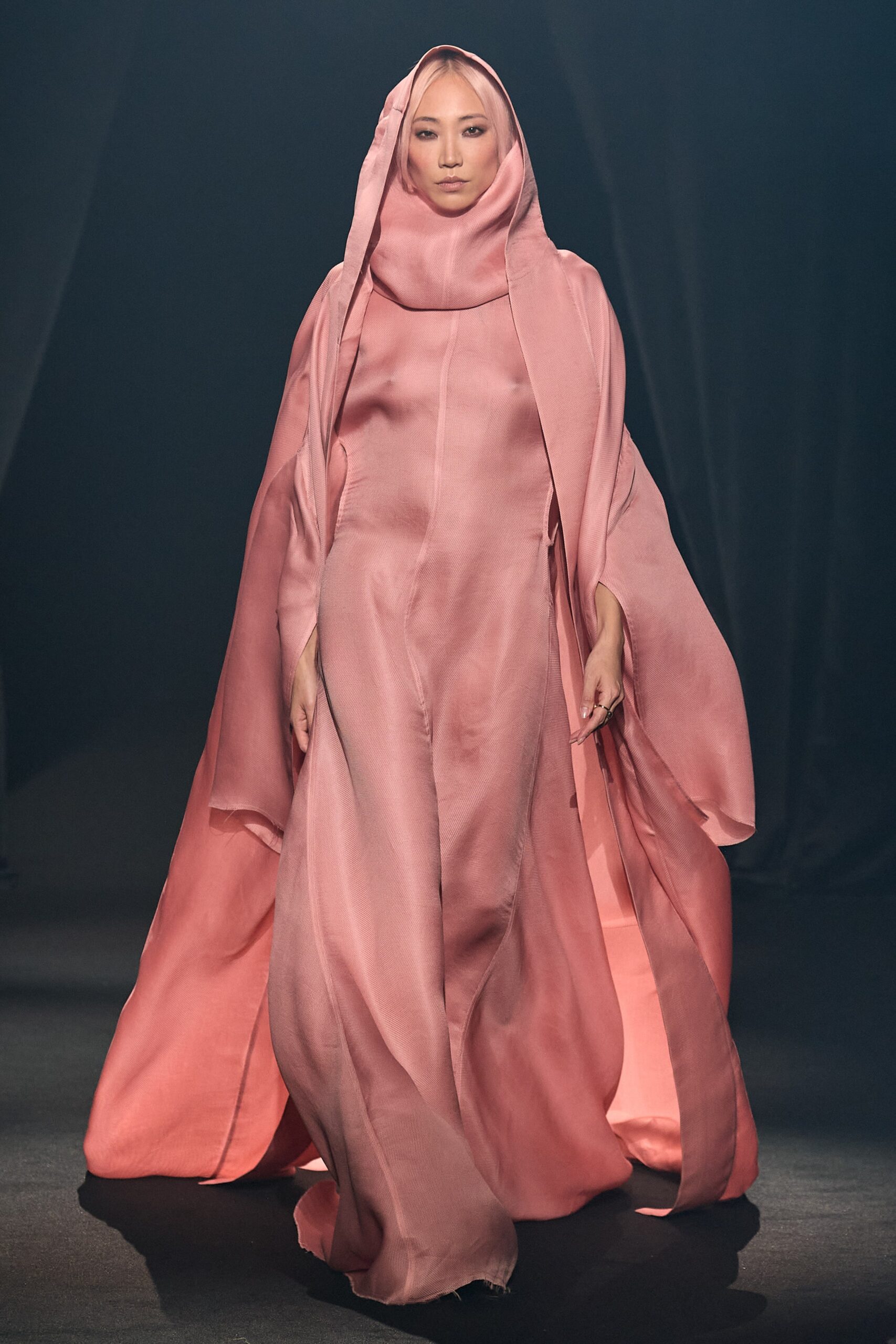 pink silk gown with cape