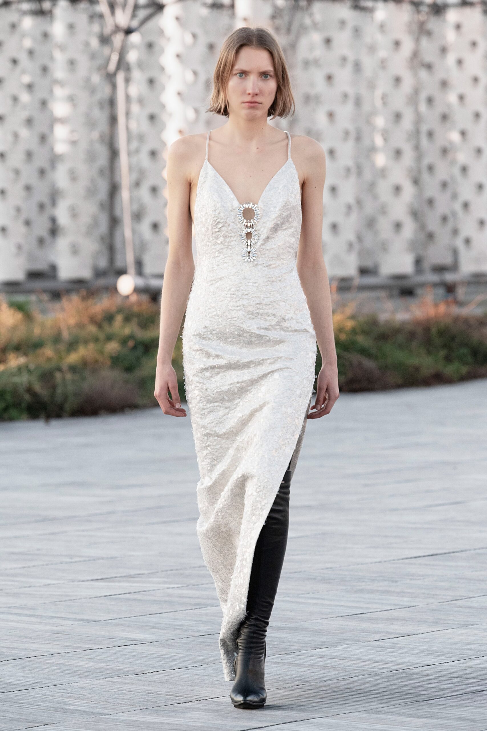 white silk sleeveless v-neck fitted draped shiny dress