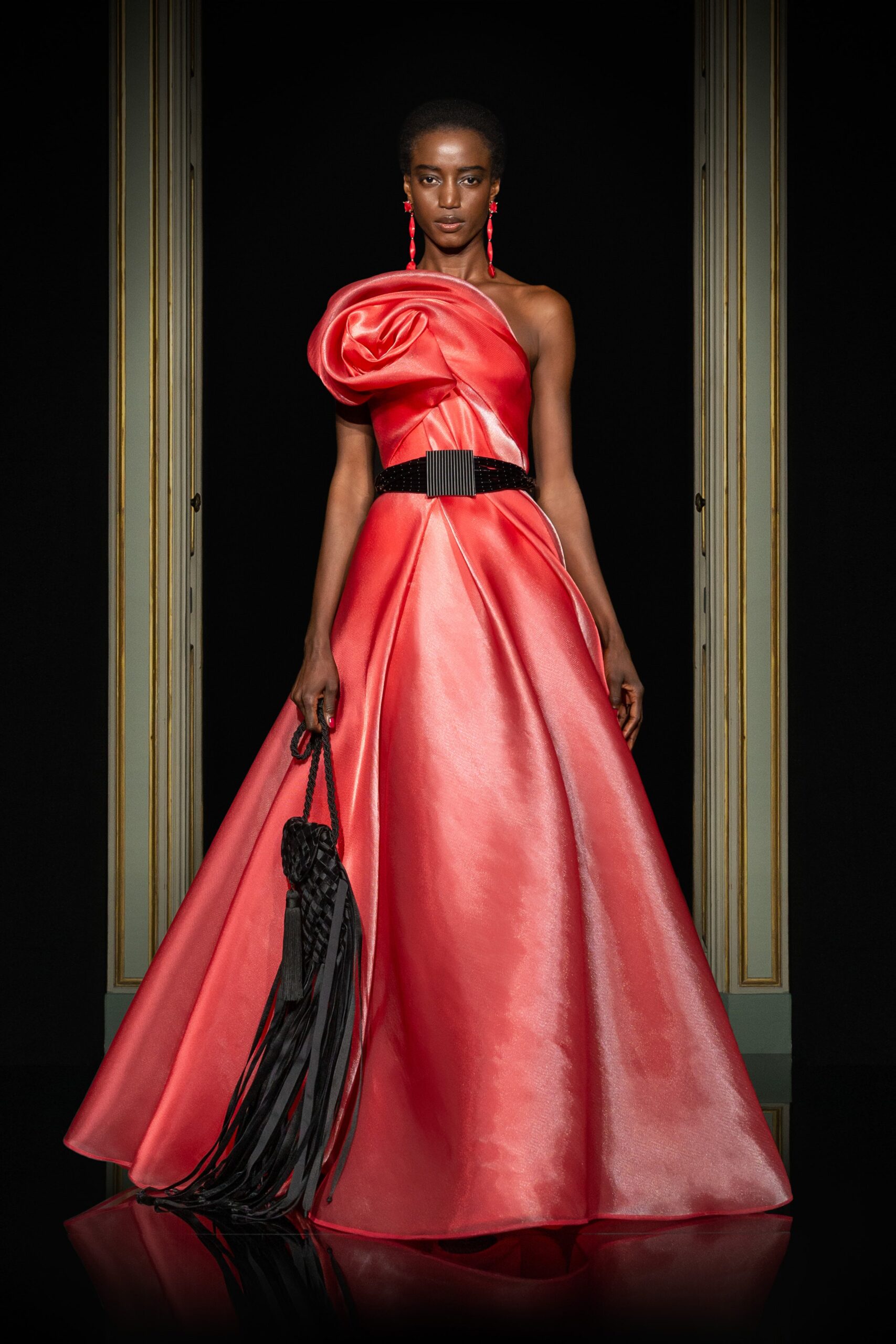 red silk strapless gown
