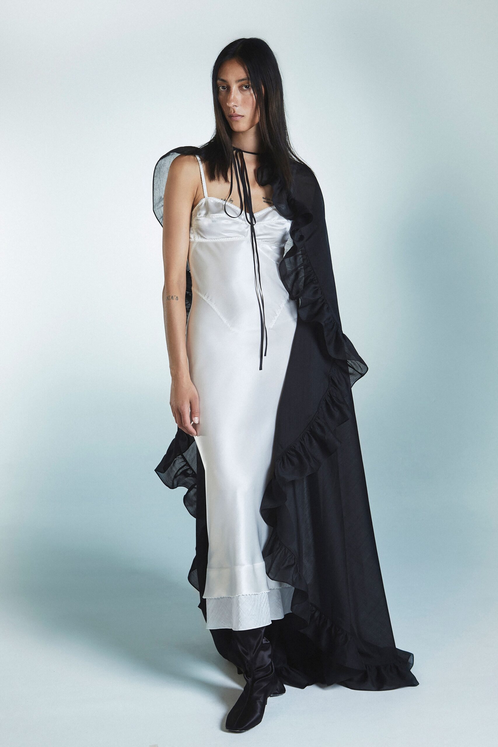 black chiffon long-sleeve relaxed ruffled cape