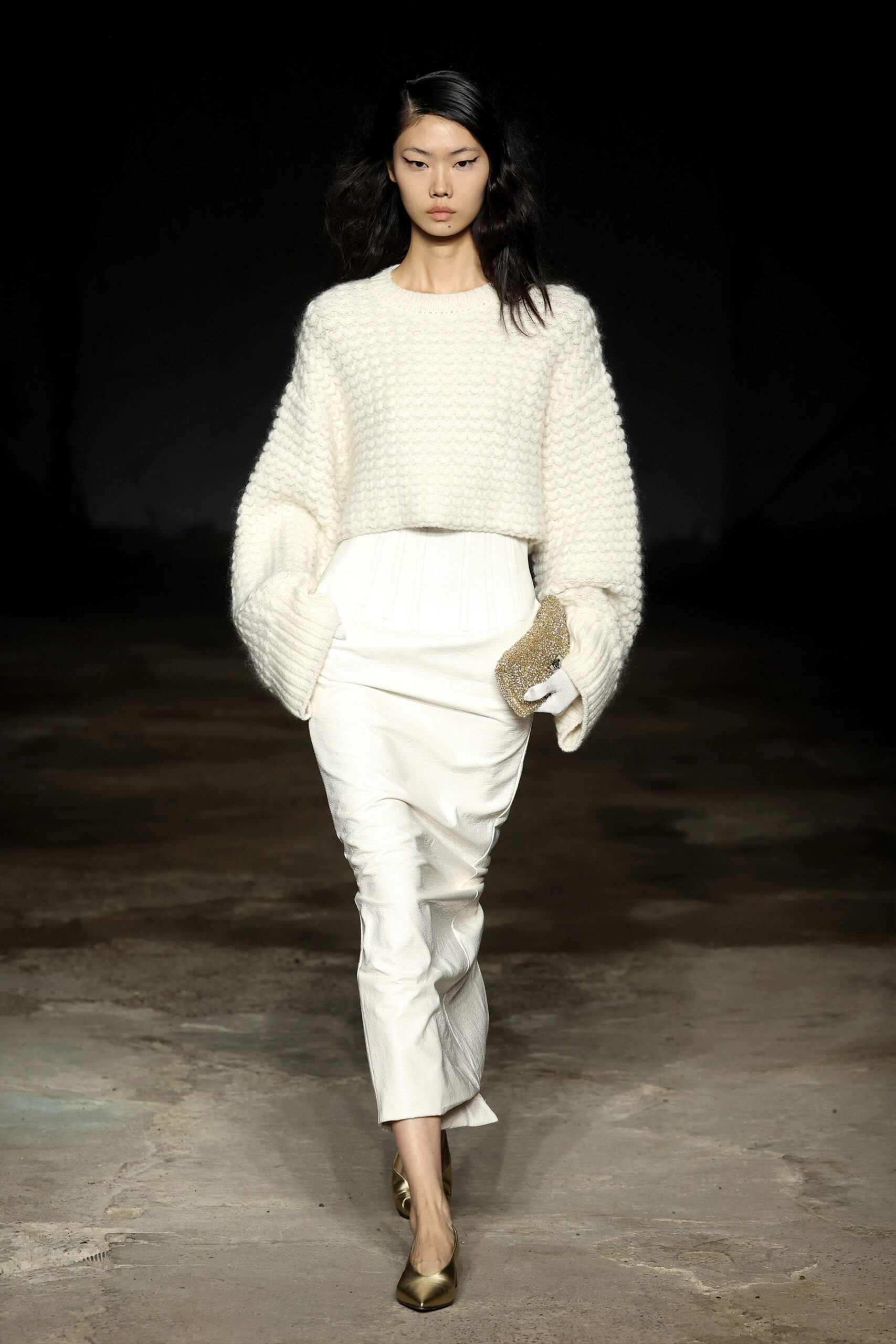 white wool long-sleeve collared oversized textured sweater