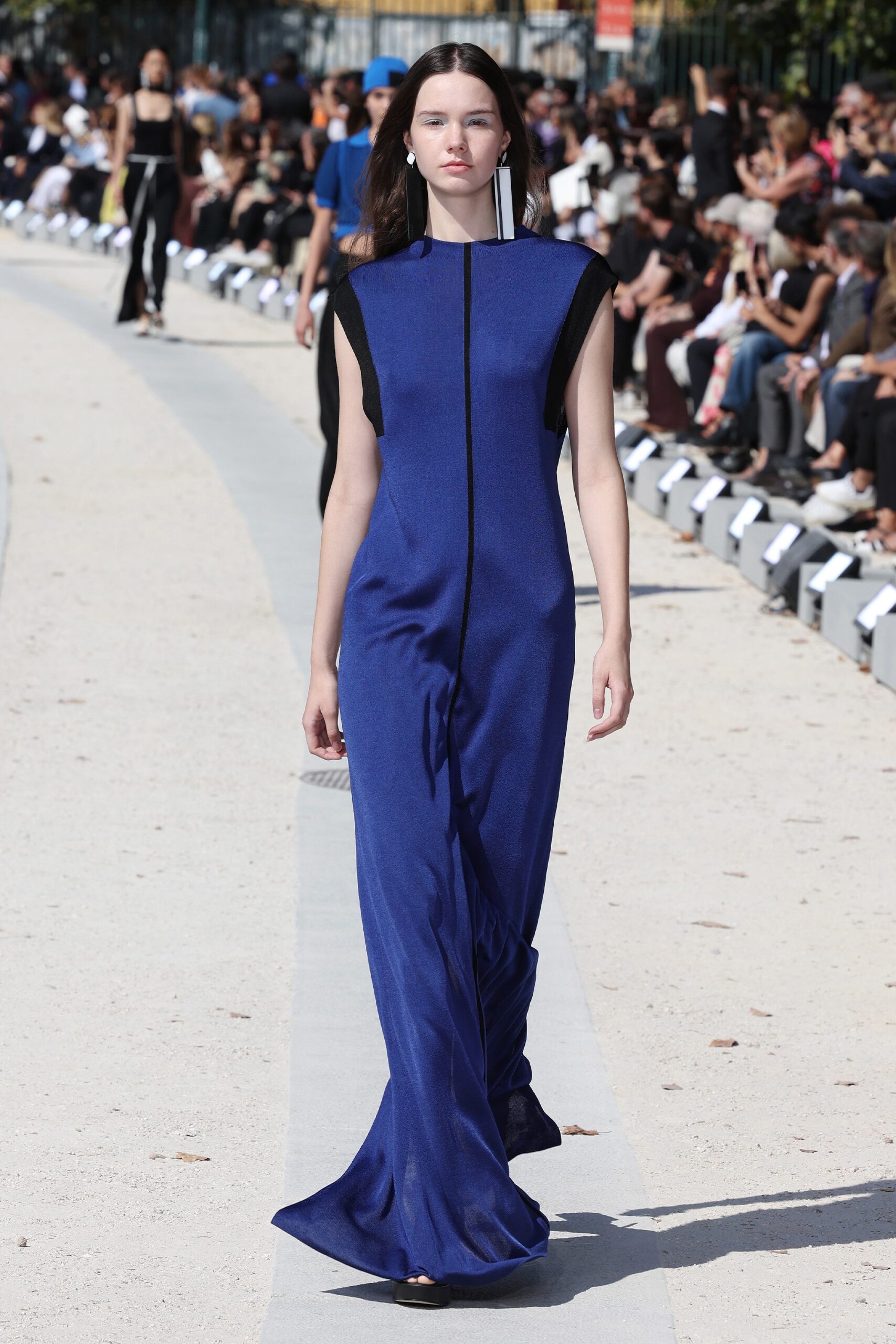fitted blue silk gown