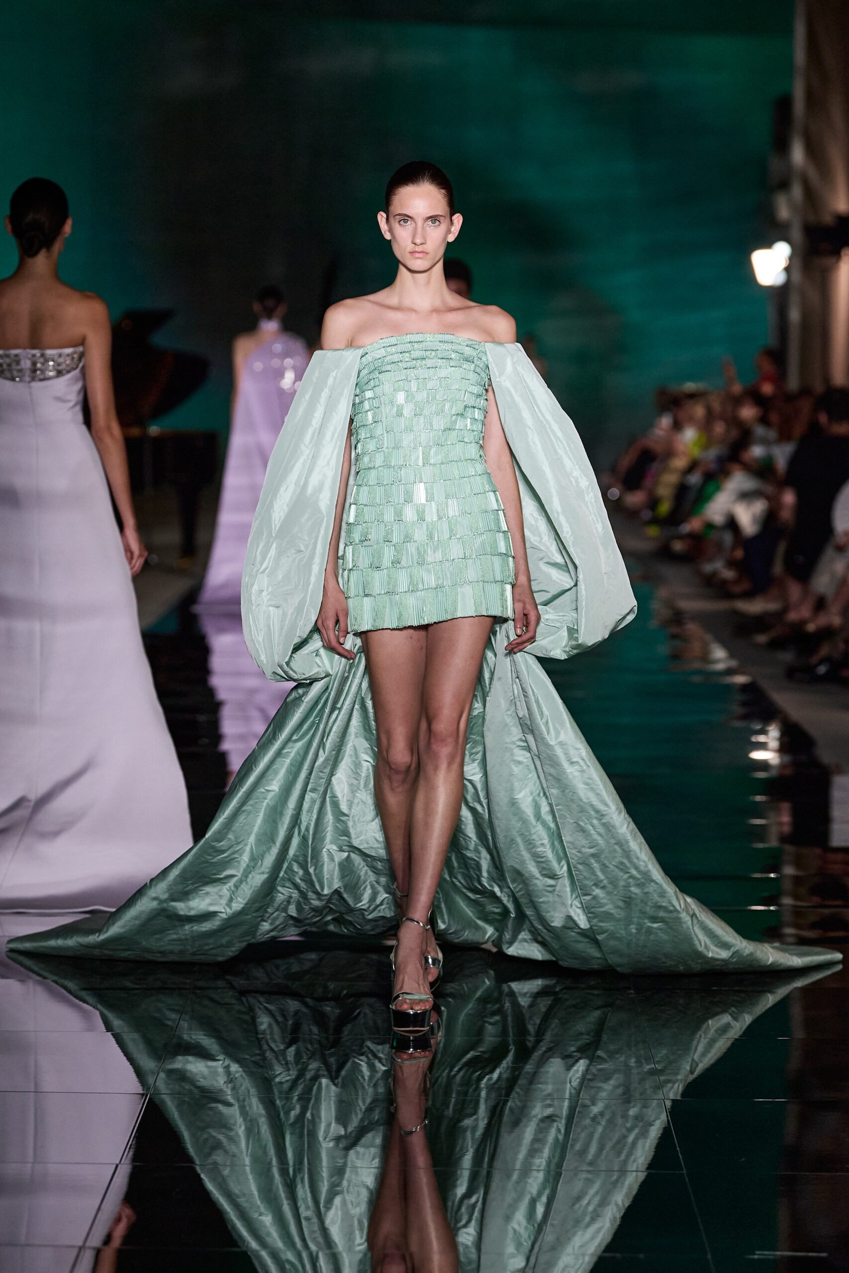 green silk oversized draped flowing cape