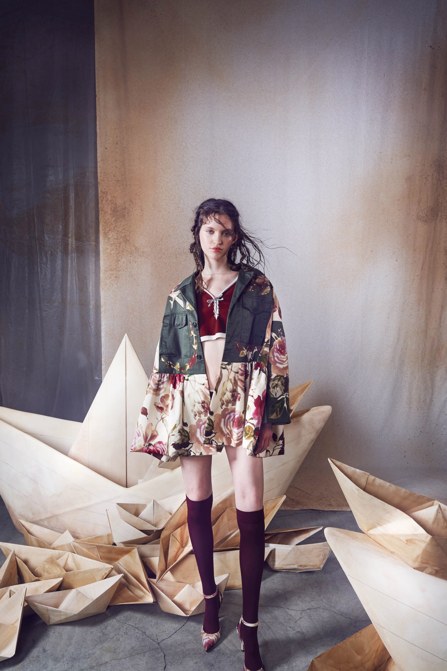 floral jacket with crop-top and mini skirt