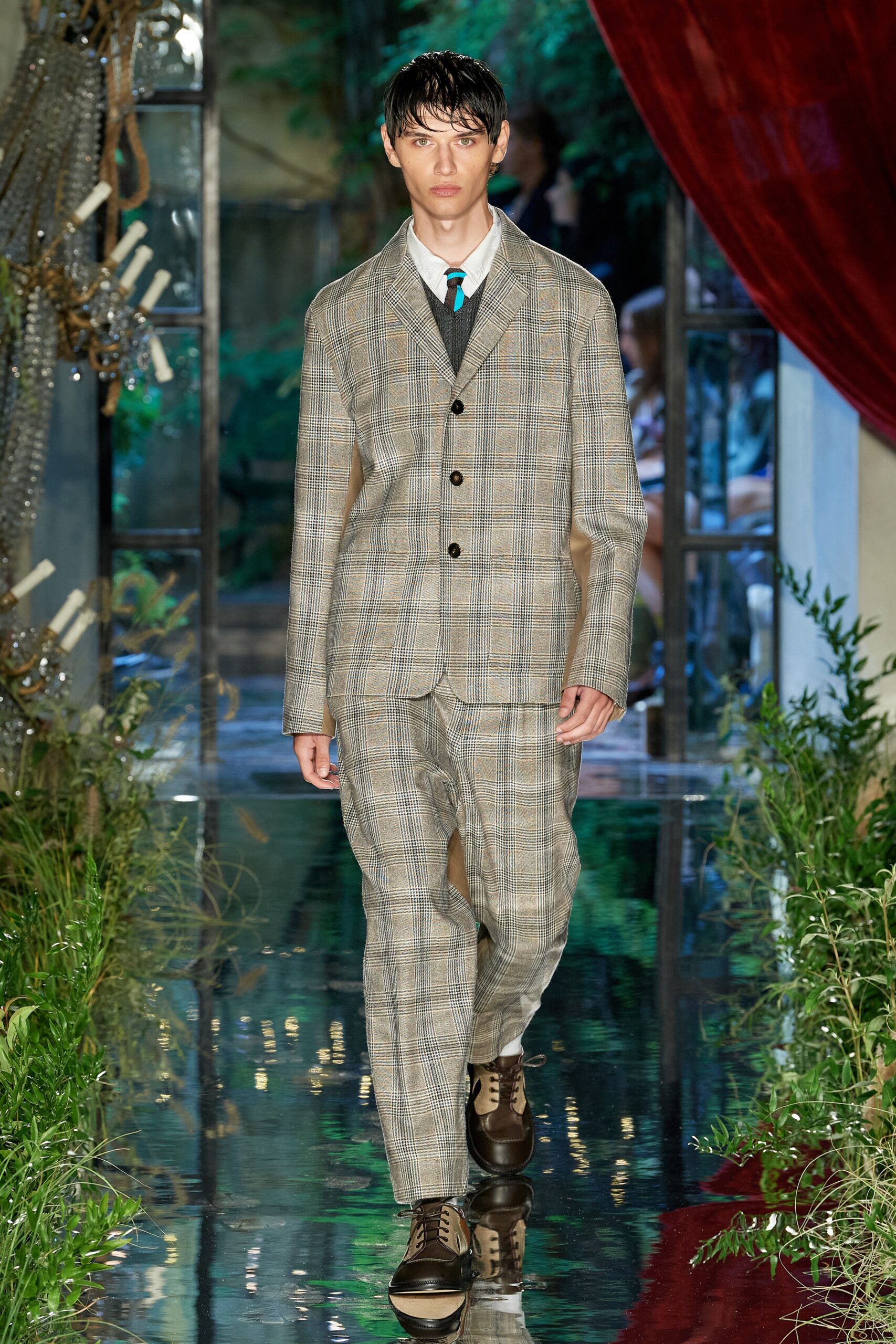 beige checked tailored suit
