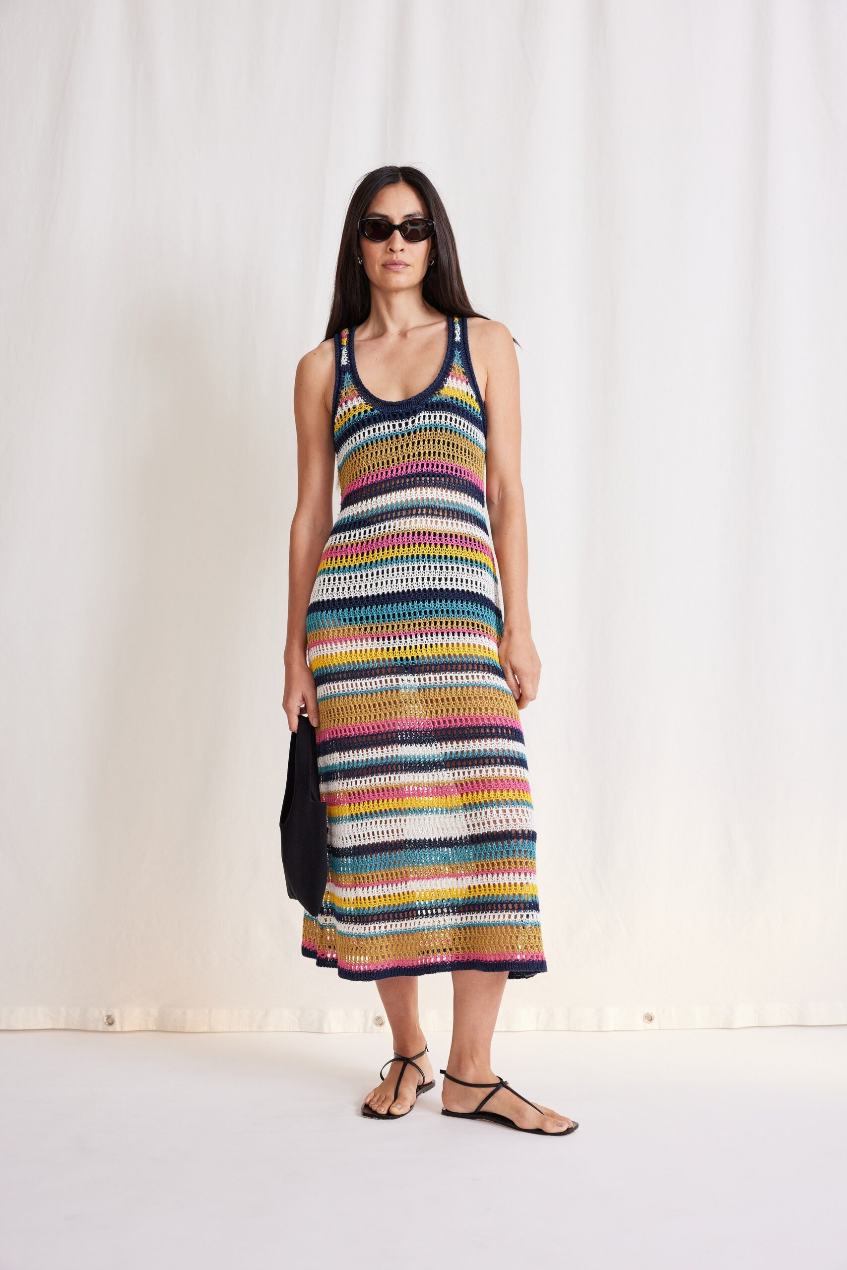 multi-colored fitted midi dress