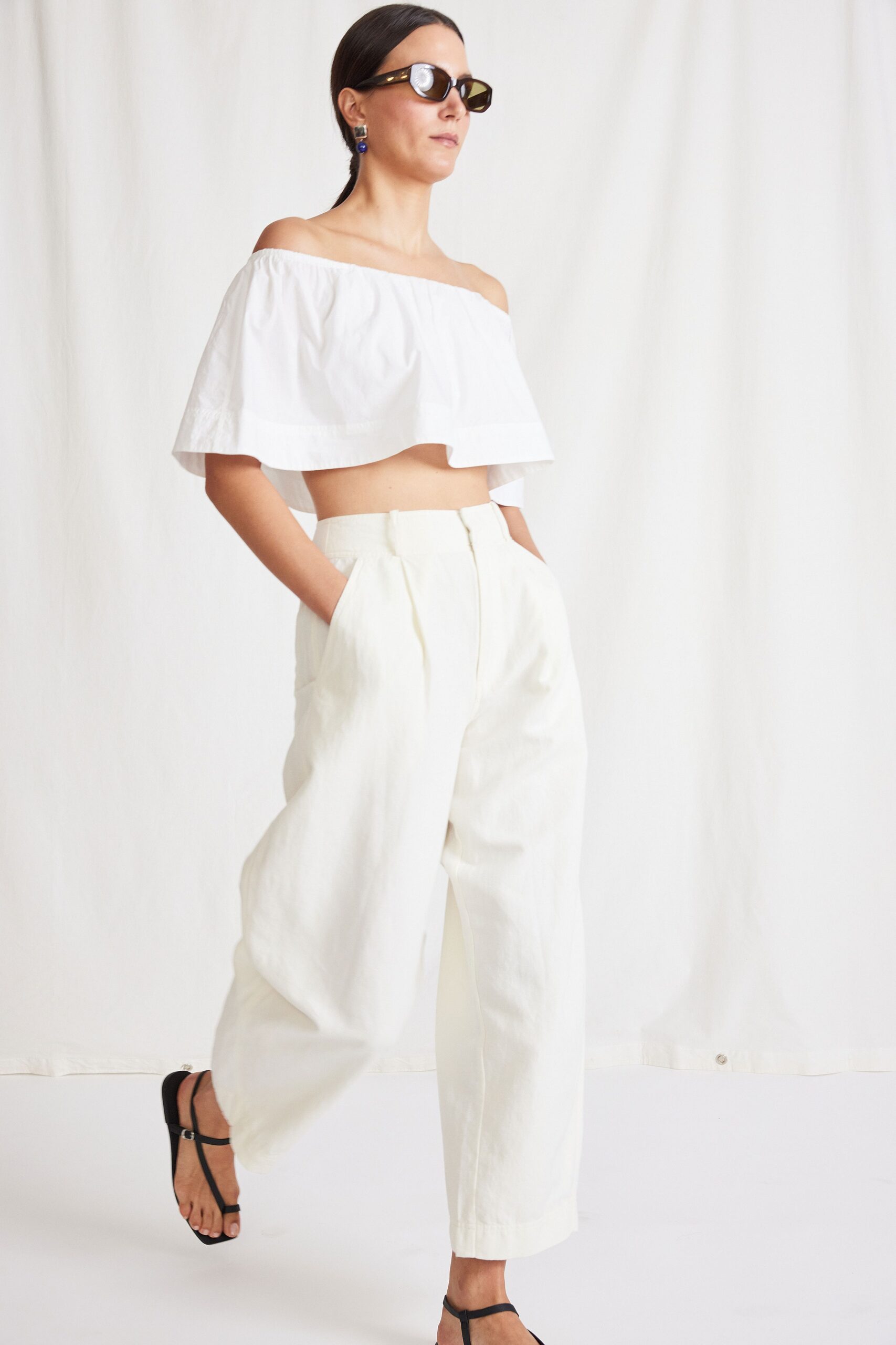 white cotton sleeveless off-shoulder fitted pleated short crop-top