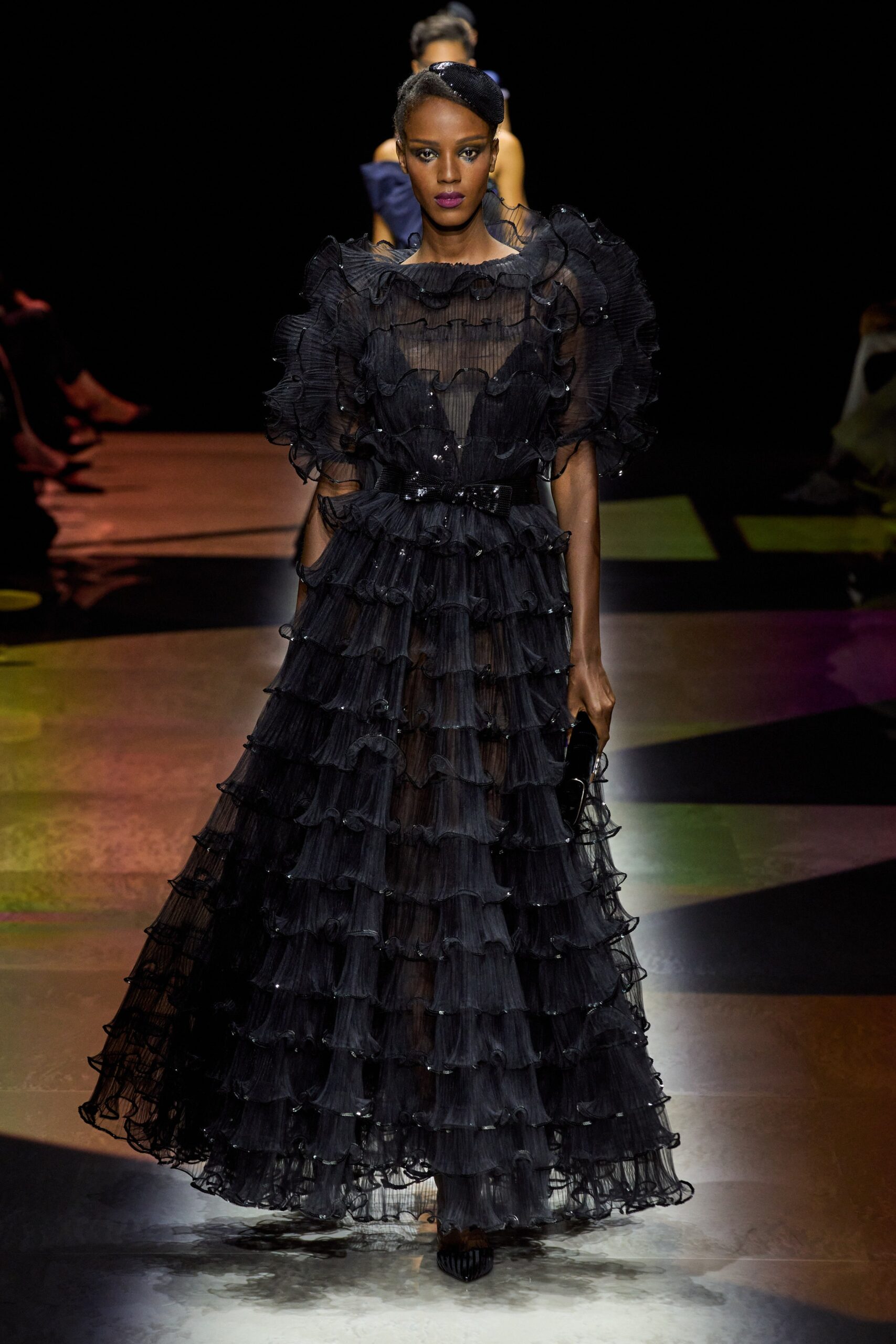 black ruffled tulle gown