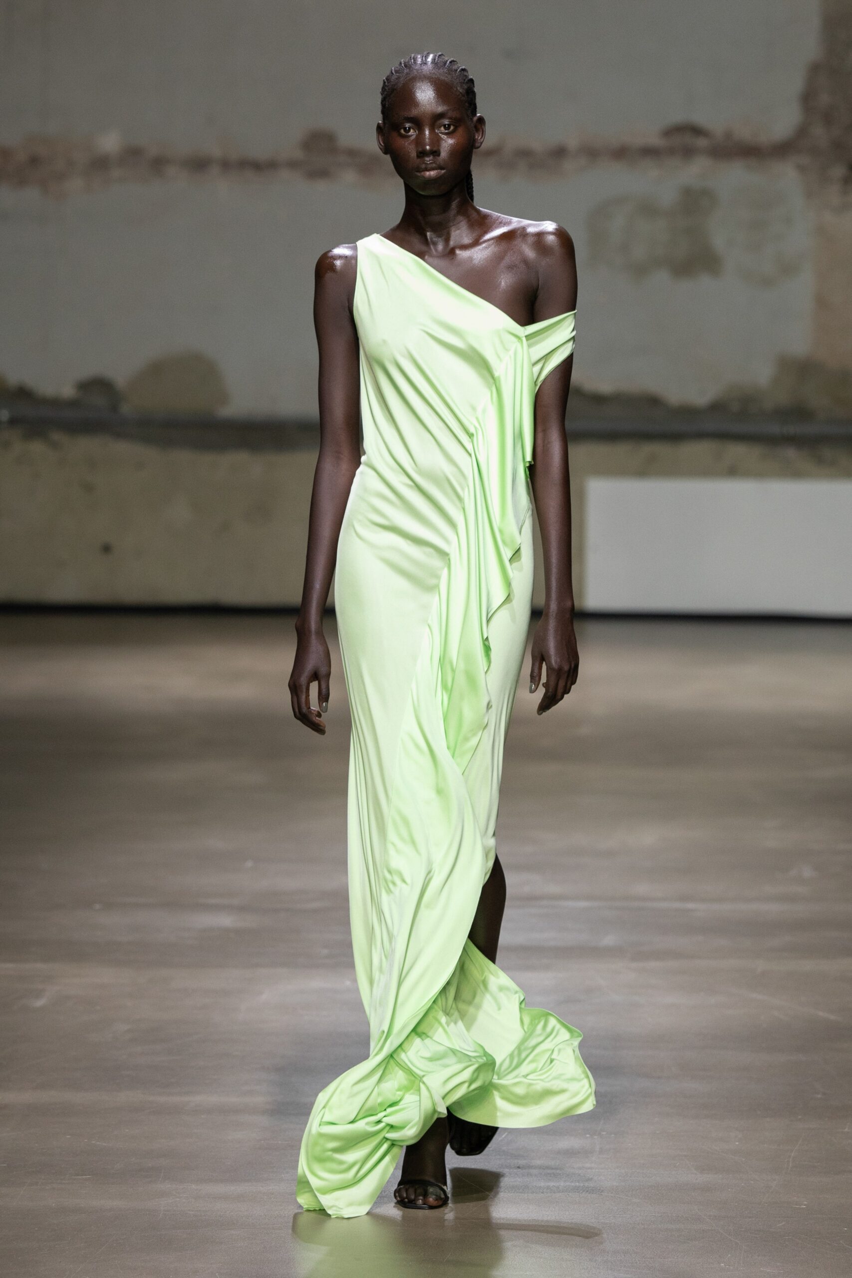 green silk off-shoulder gown
