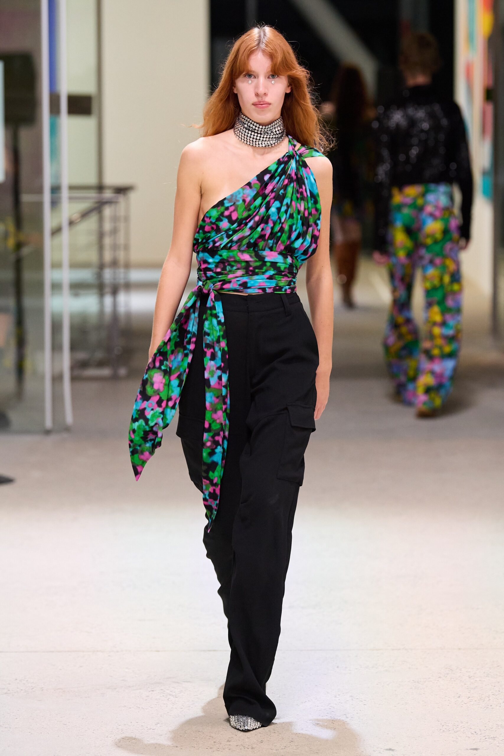 asymmetric draped top with cargo pants