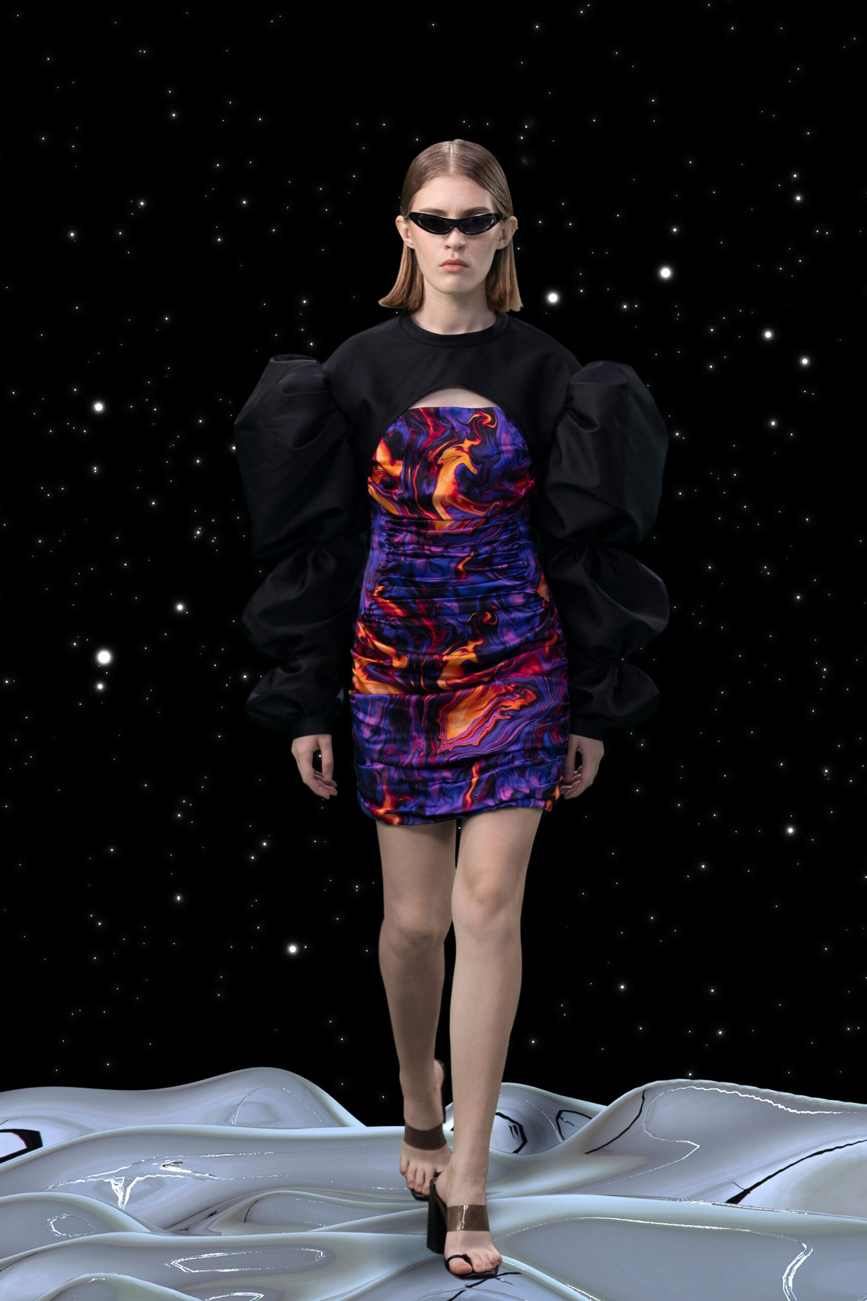 fitted mini dress with puff sleeves