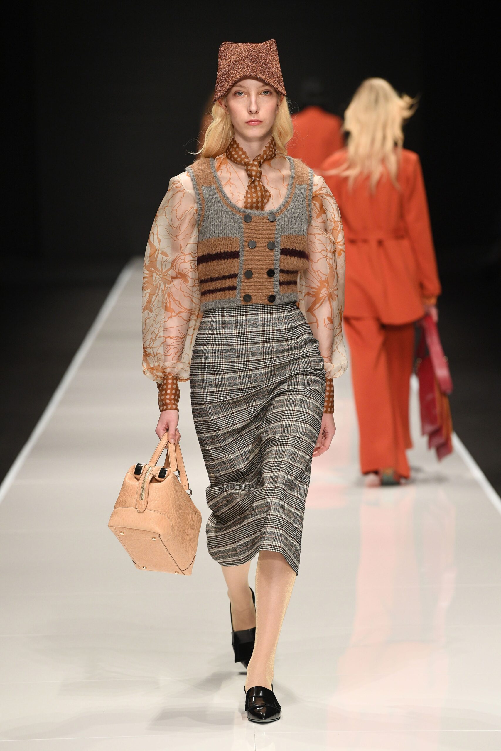 orange silk long-sleeve collared fitted ruffled blouse