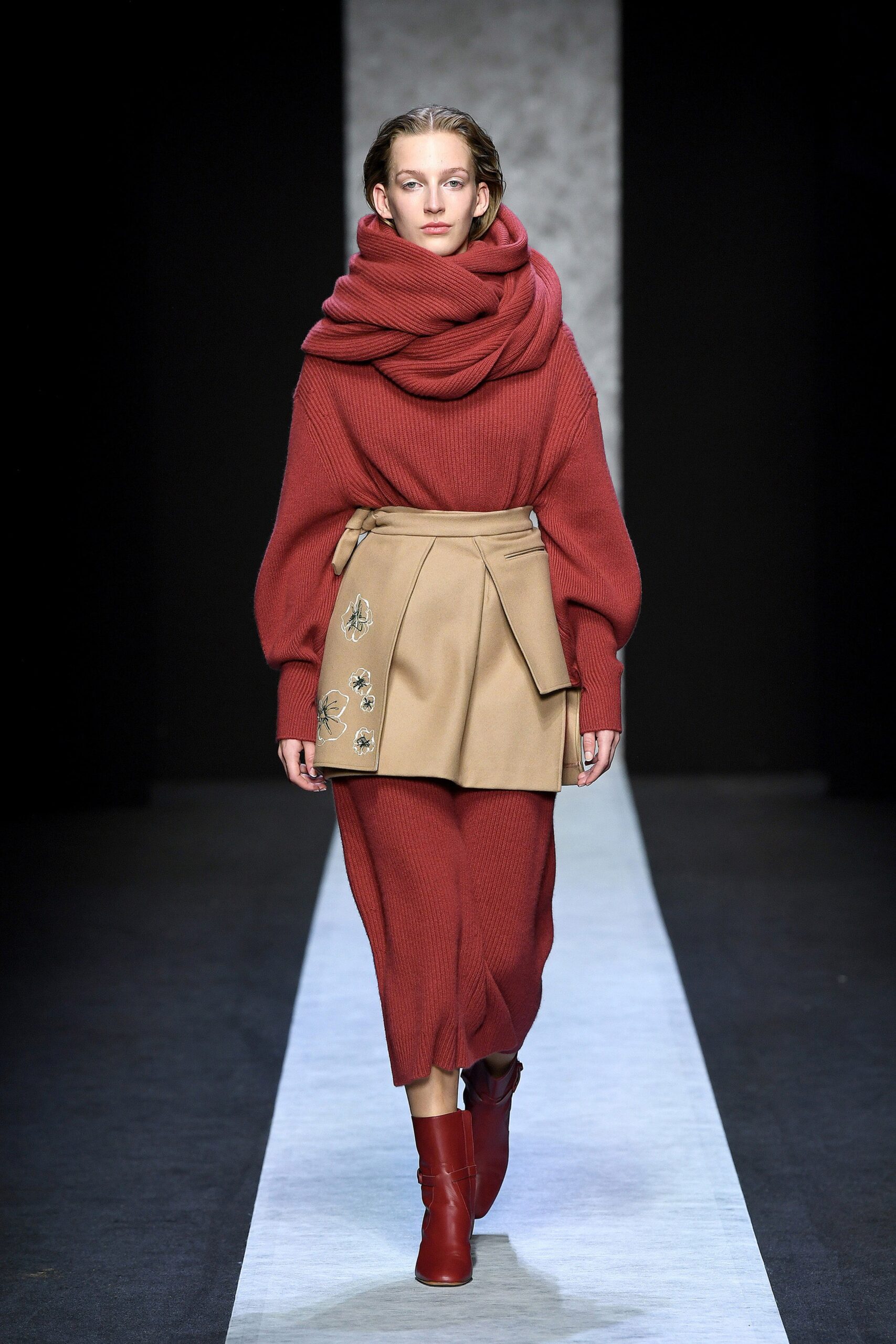 red wool midi dress with pleated skirt