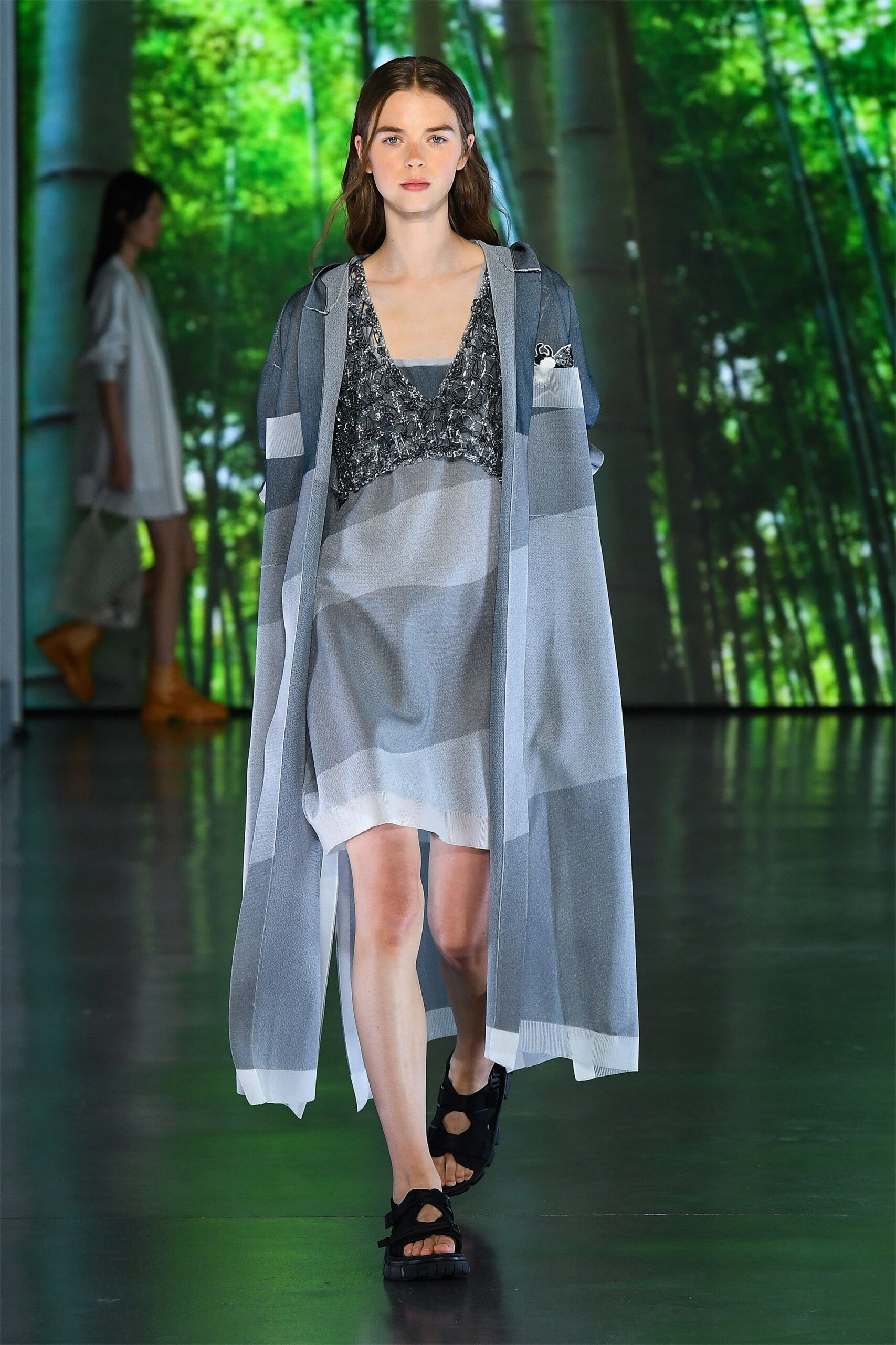 gray silk sleeveless v-neck relaxed layered flowing dress