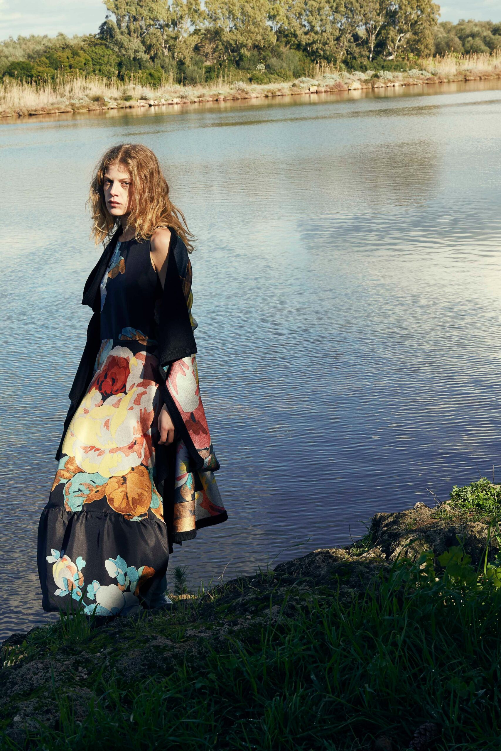 black multi floral maxi dress with cape