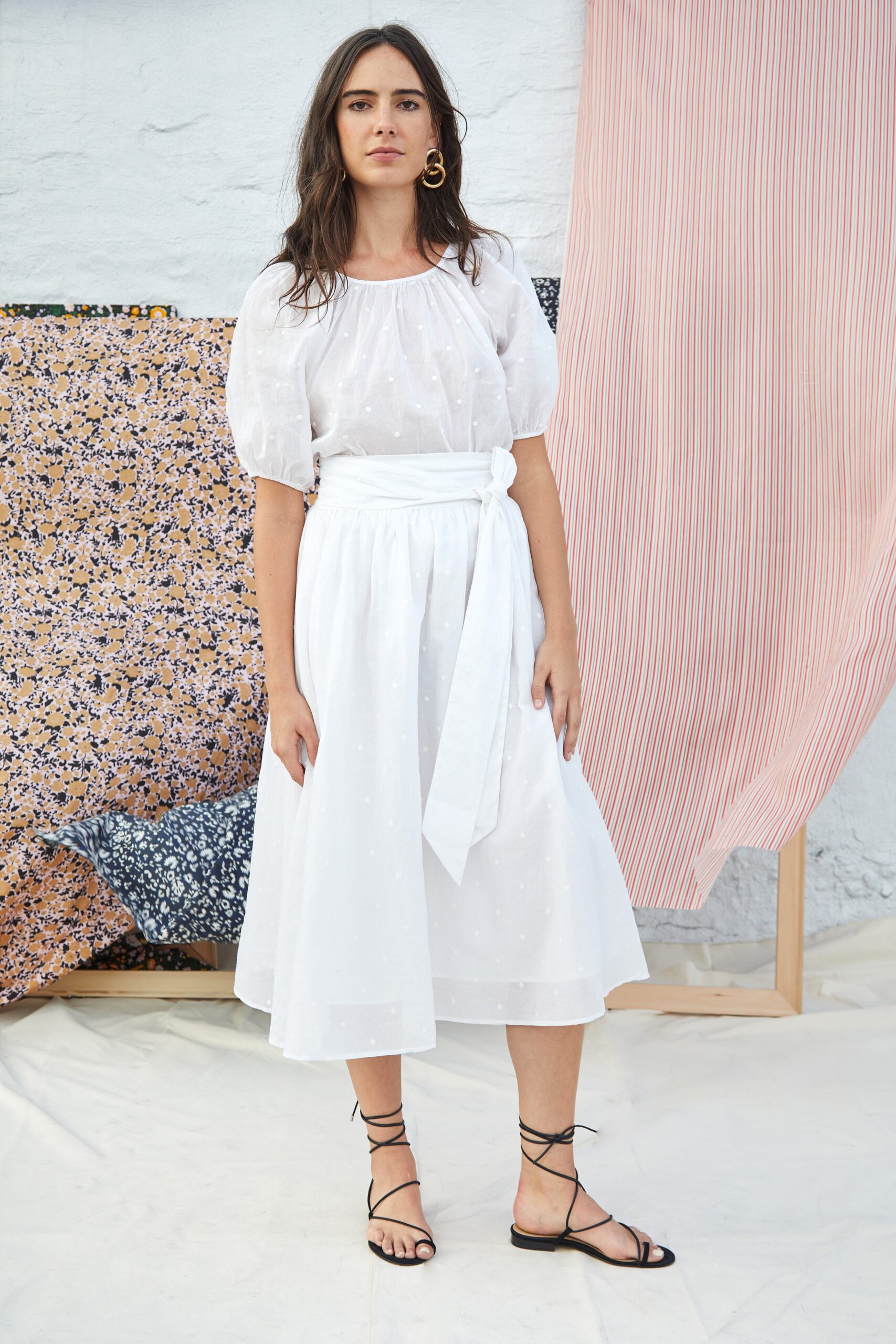 white cotton blouse and midi skirt