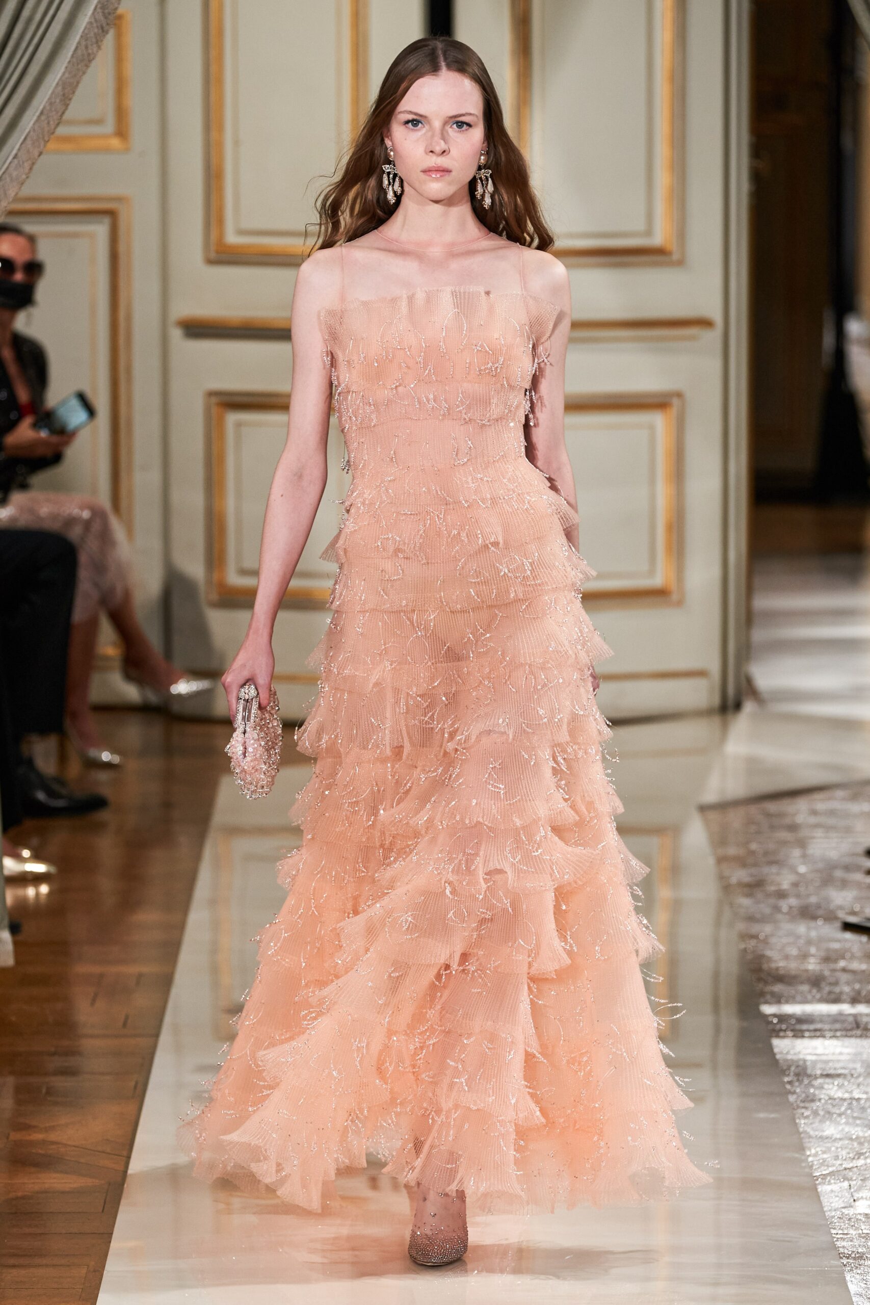 peach silk sleeveless gown