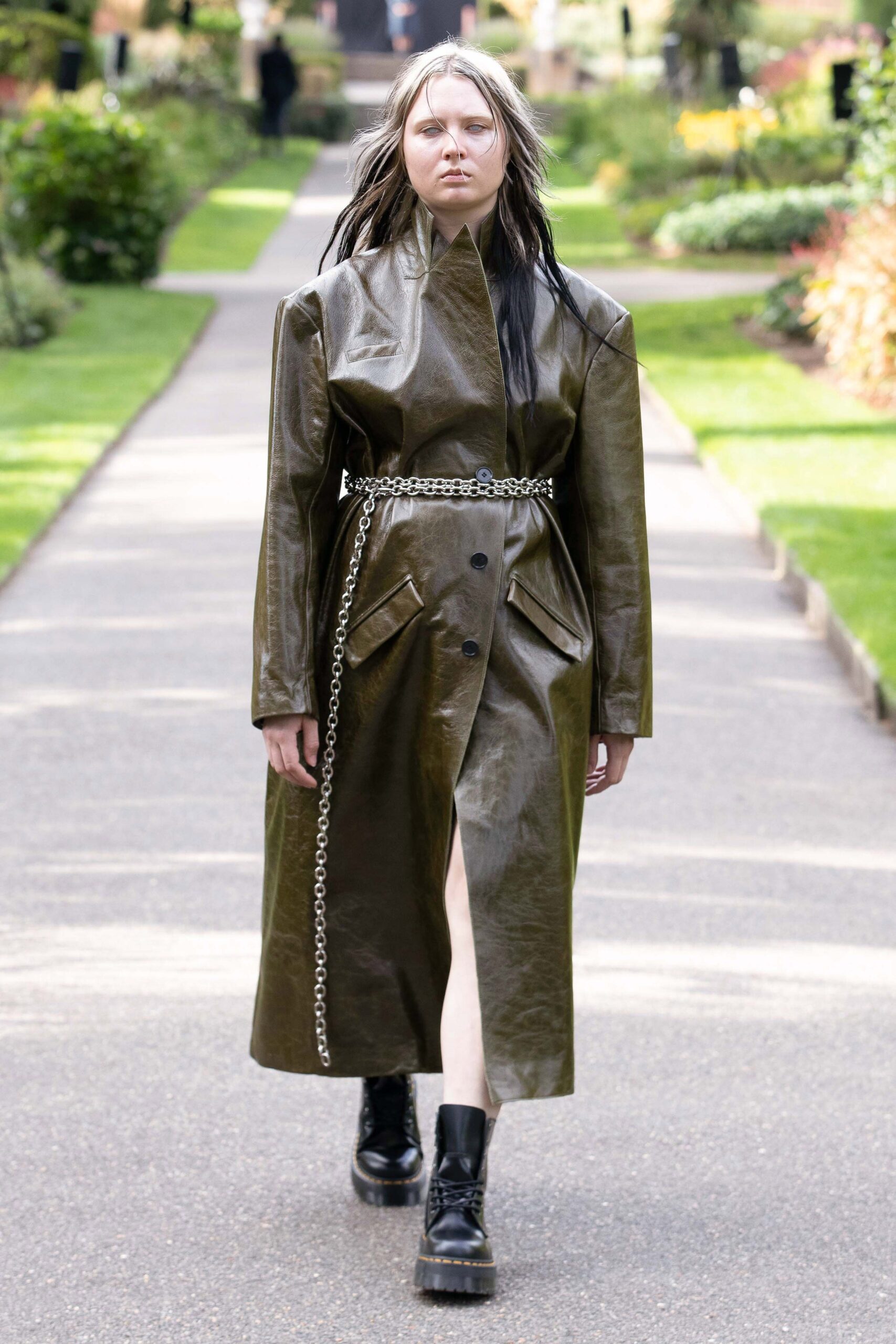 green leather belted coat