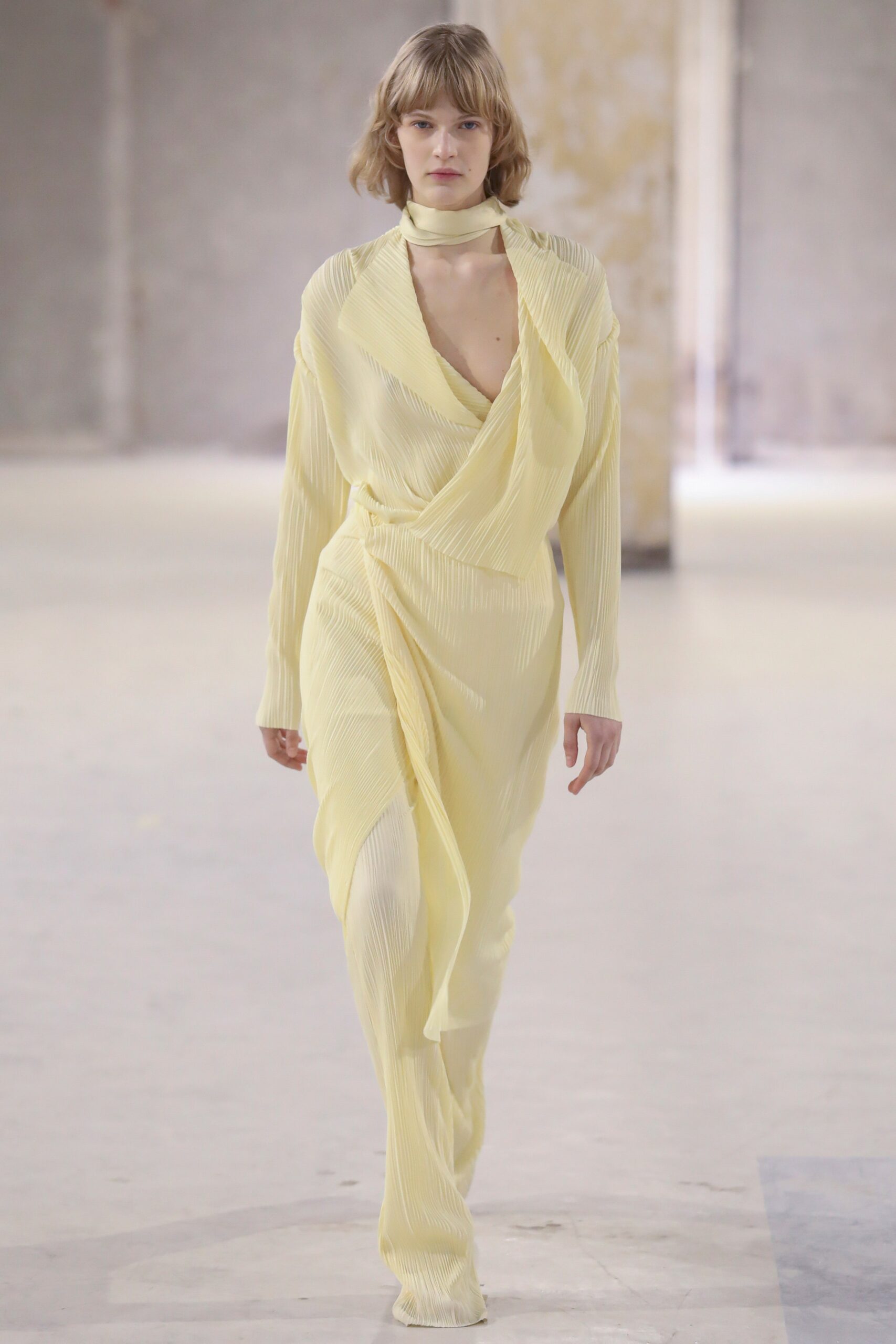 yellow pleated silk maxi dress