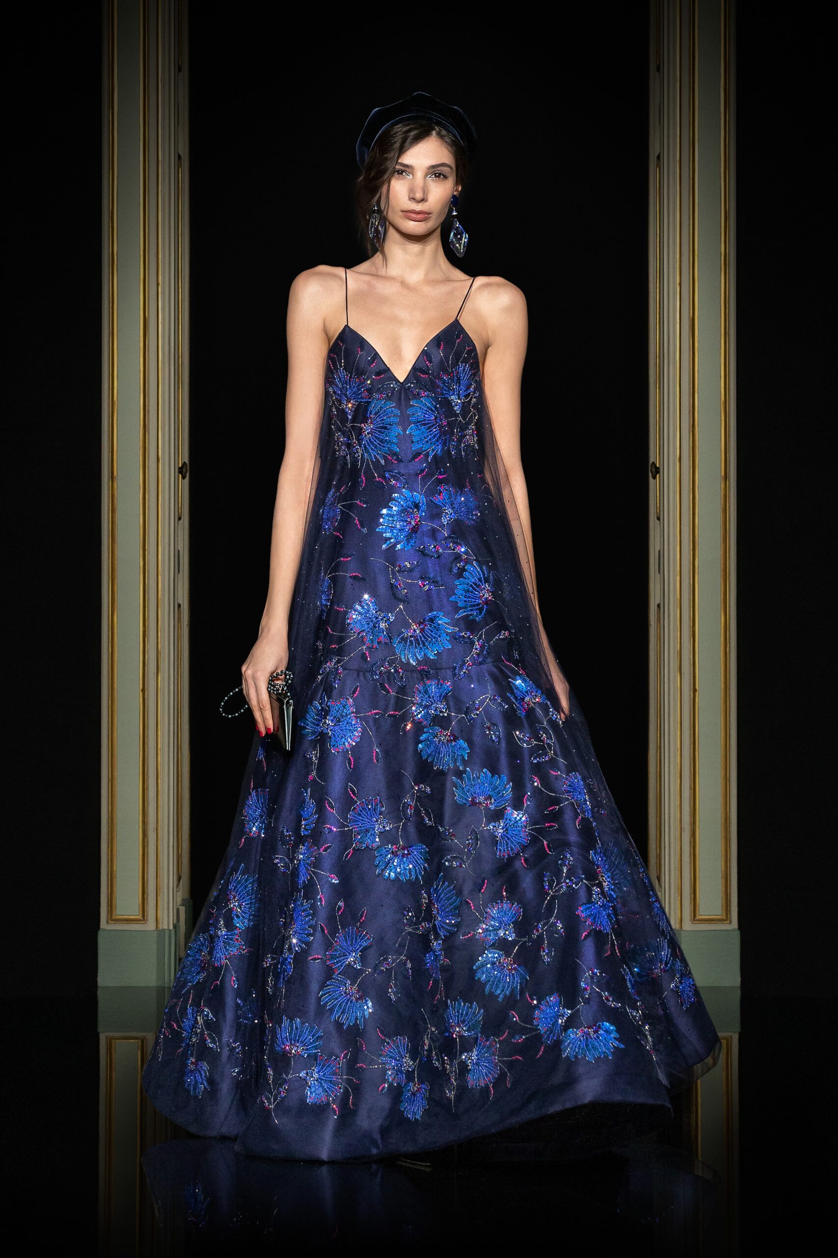 blue silk sleeveless gown