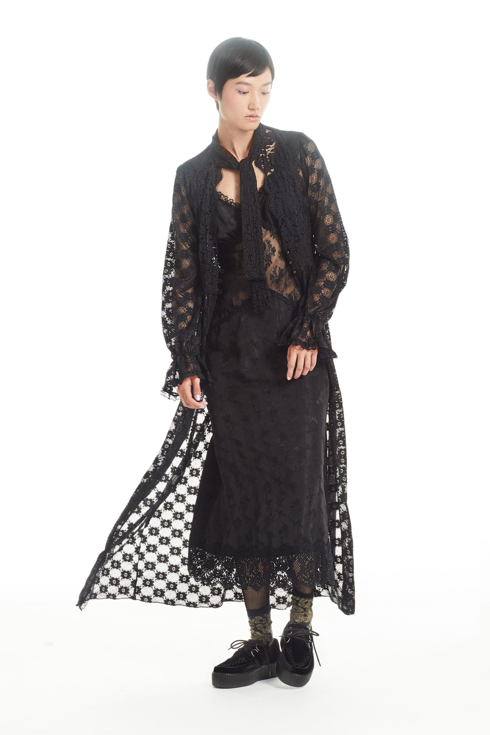 black lace long-sleeve collared relaxed layered embroidered jacket