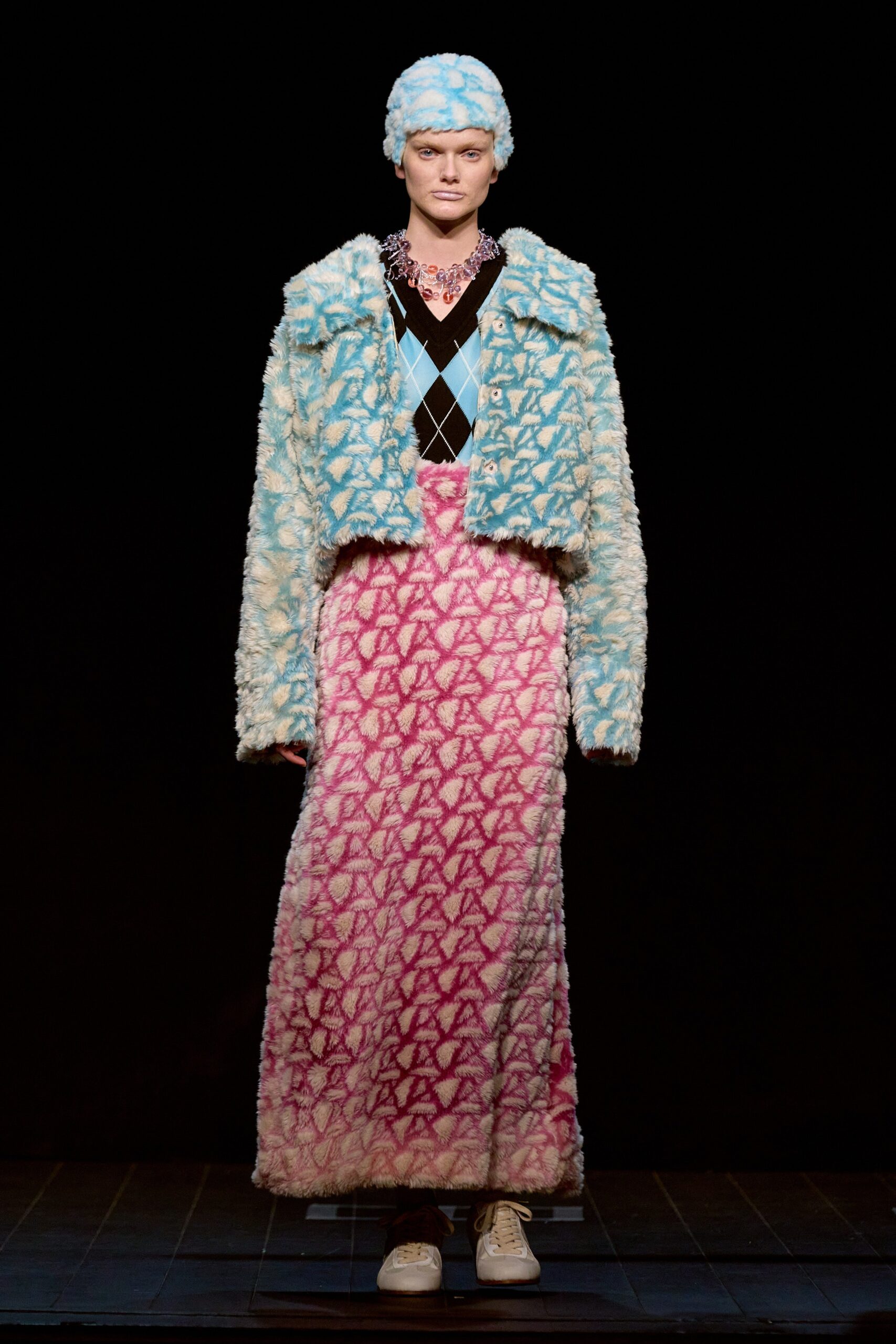 blue pink faux-fur coat and dress