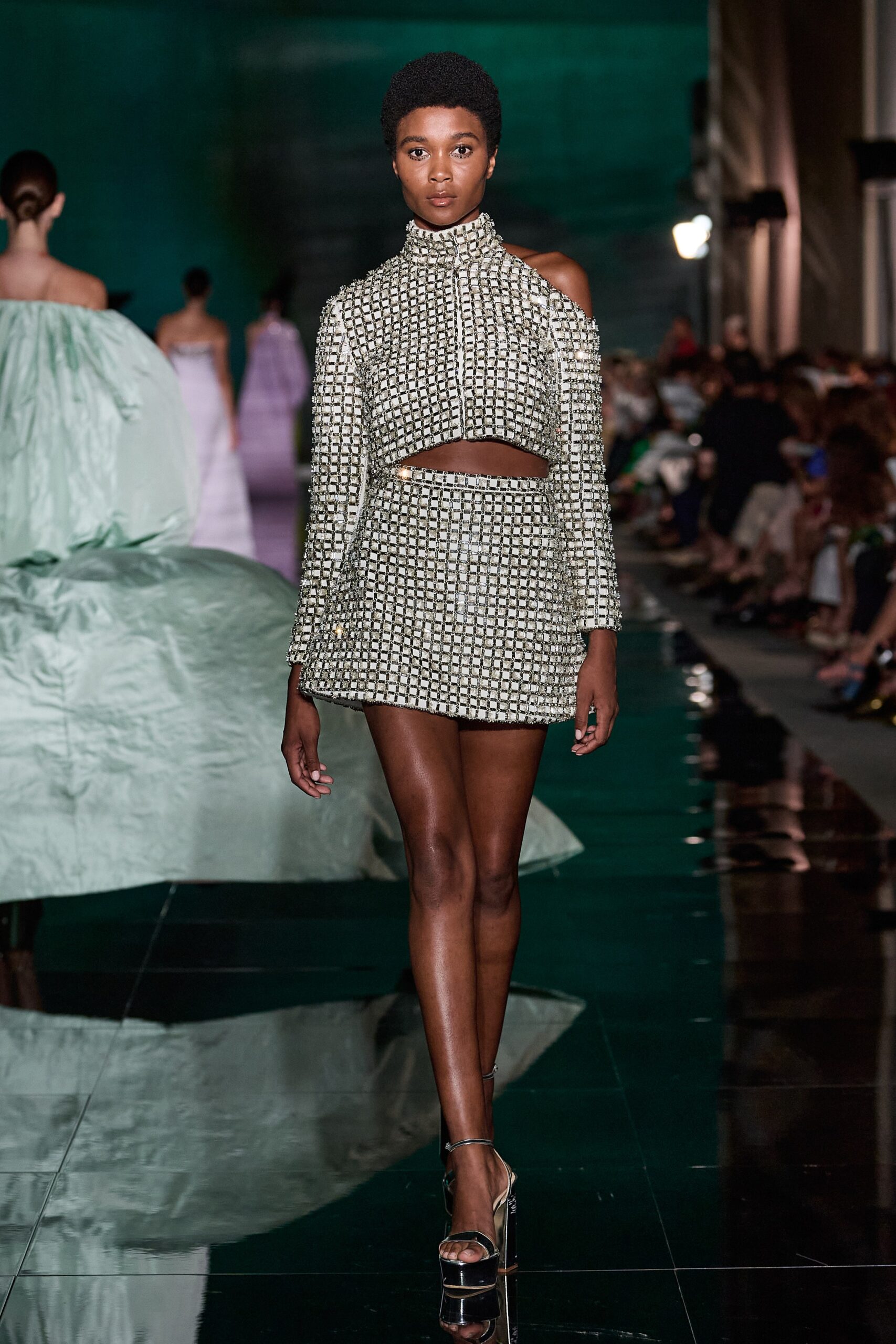fitted silver metallic mini dress