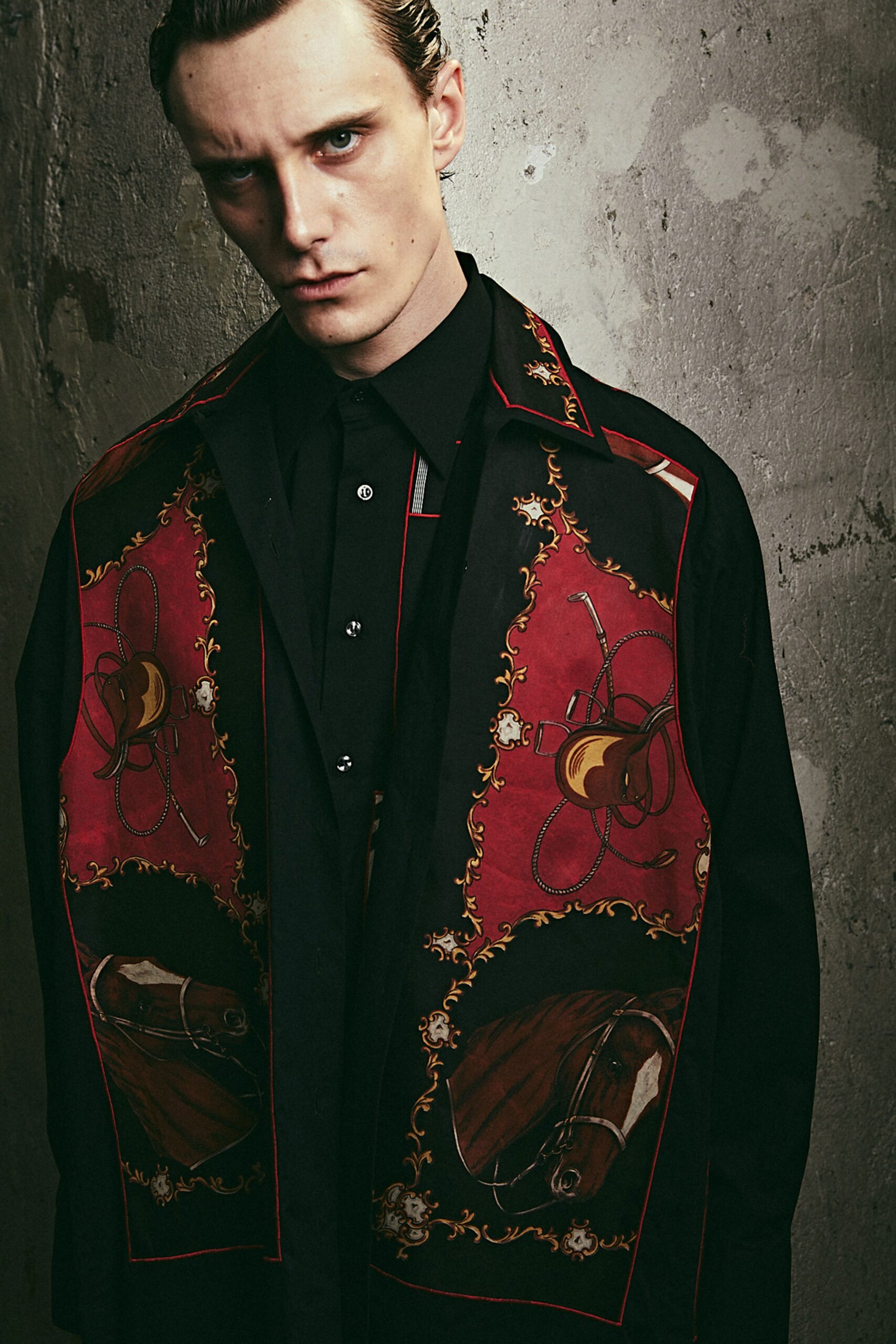 black fitted shirt with embroidered jacket