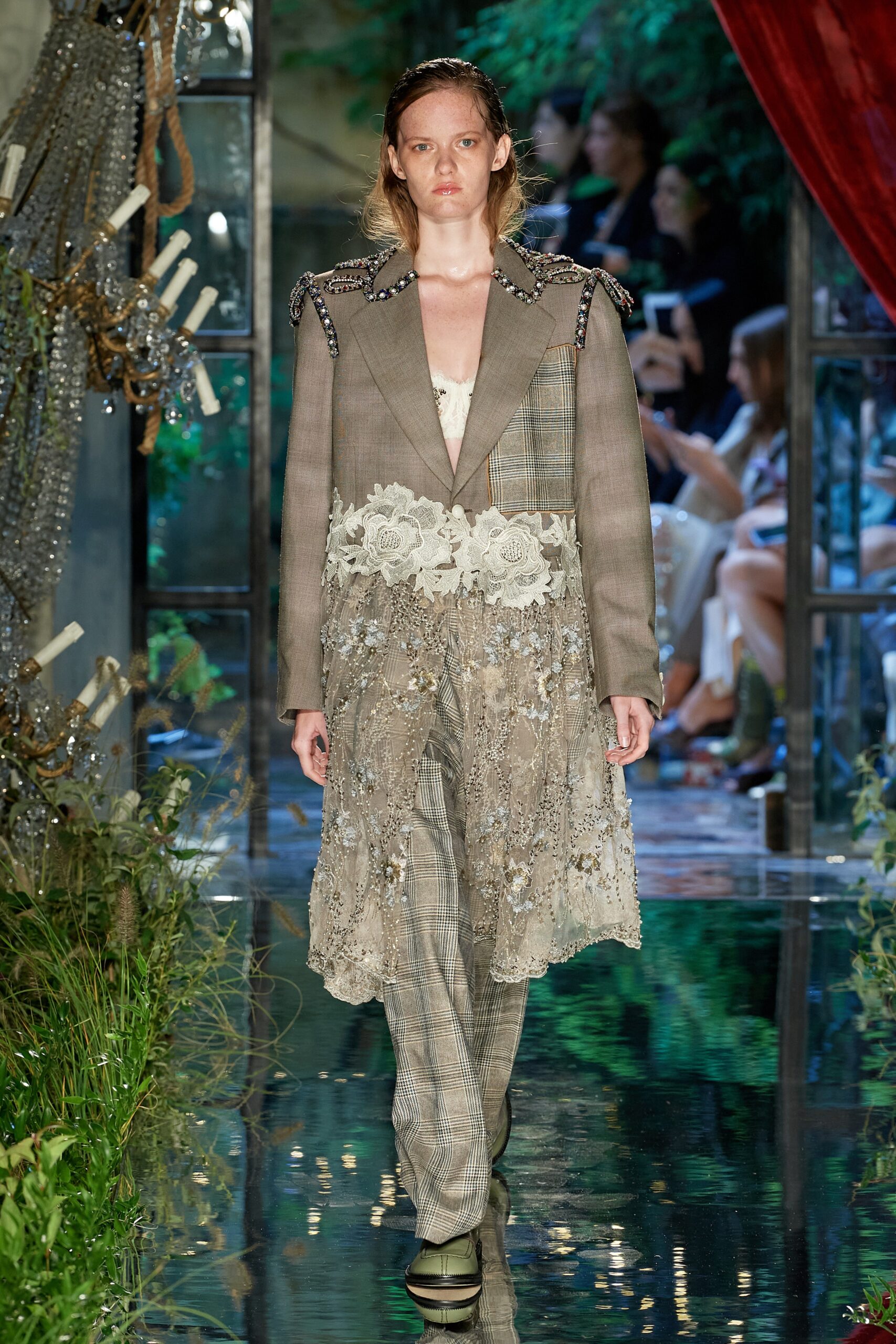 beige tailored blazer and lace dress