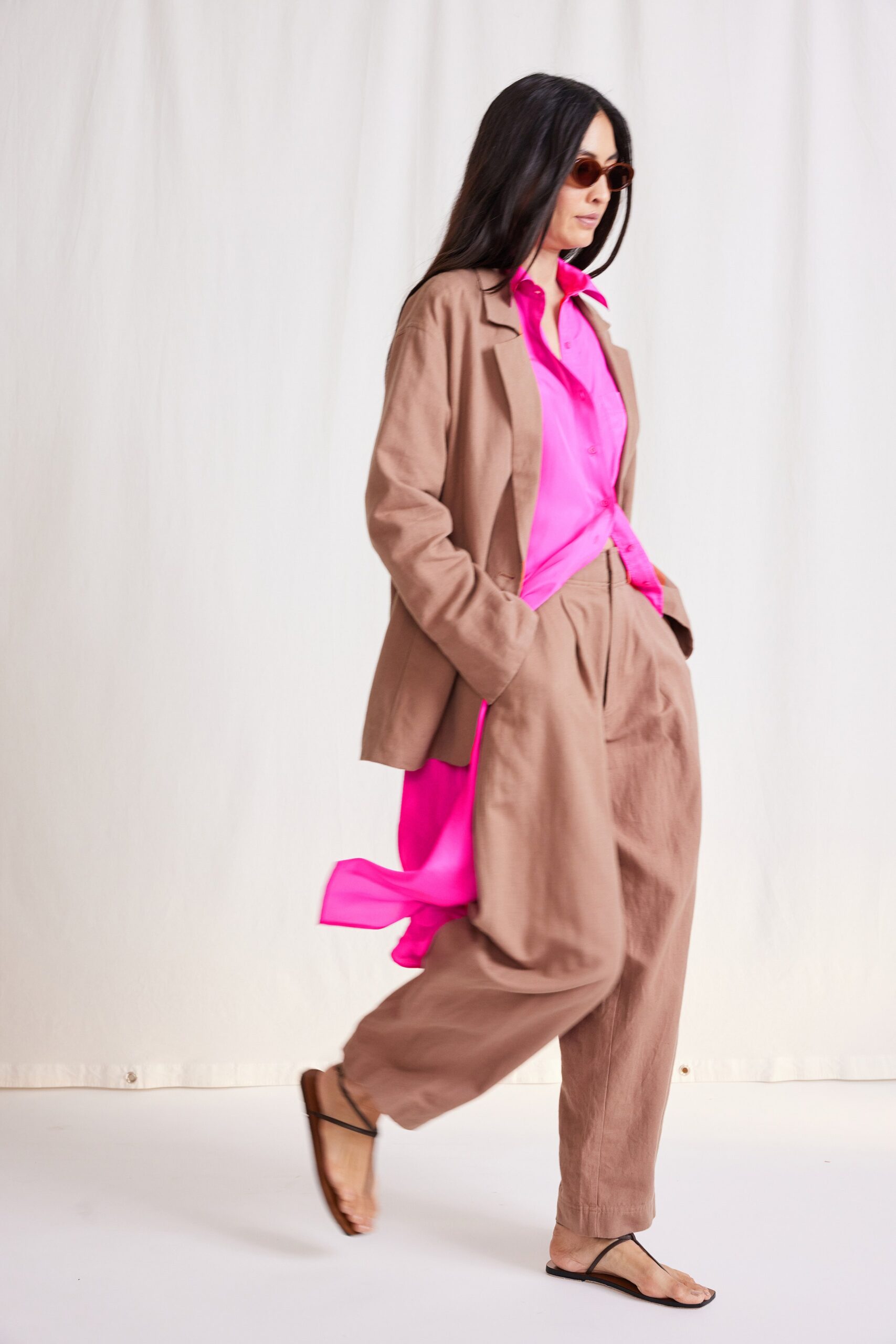beige relaxed blazer with pink shirt