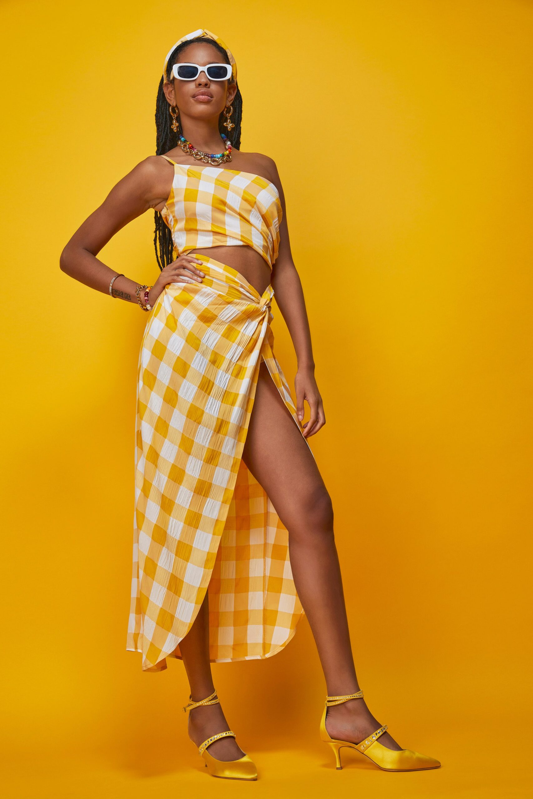 yellow and white checkered outfit