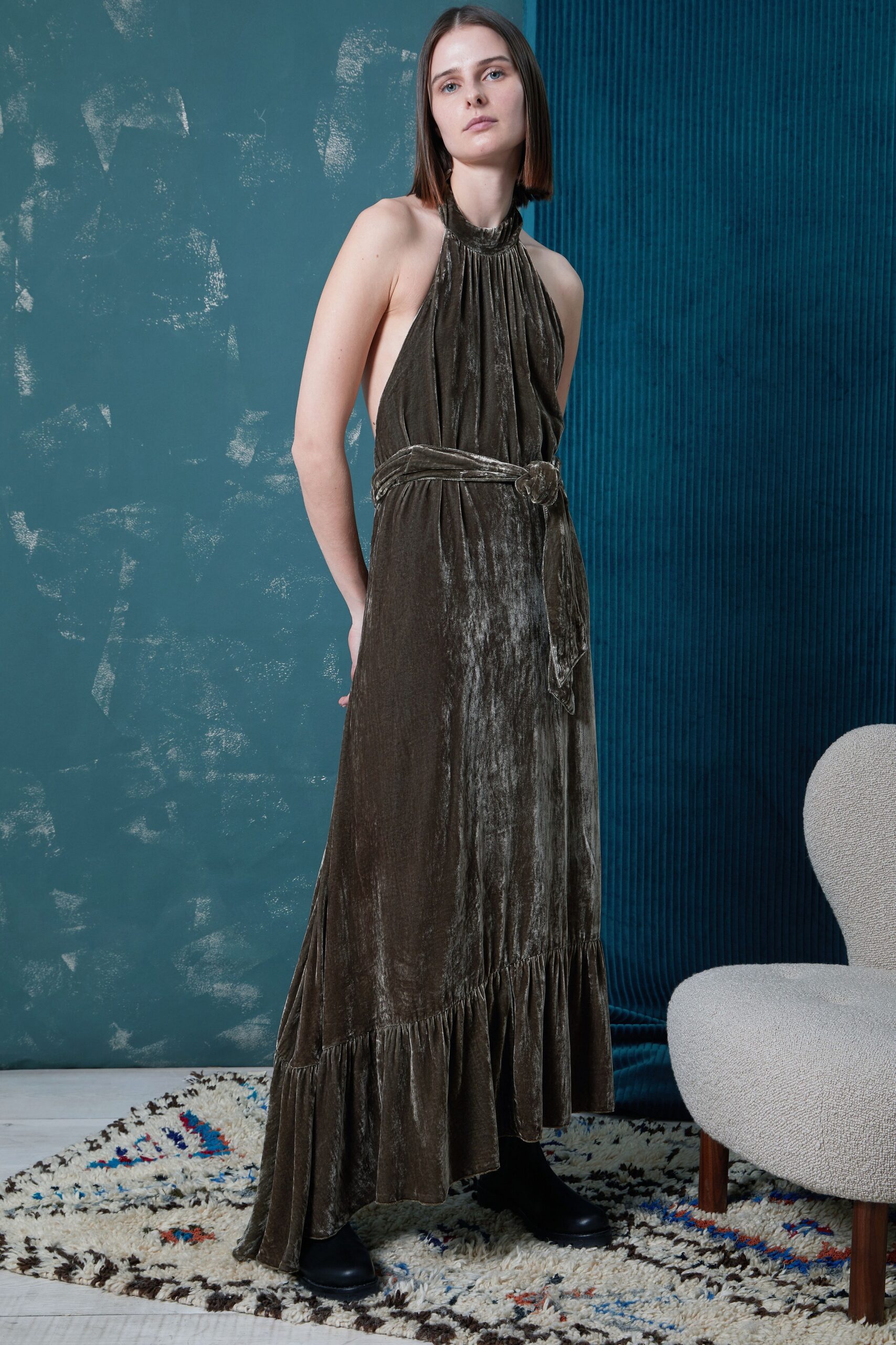 green velvet halter maxi dress