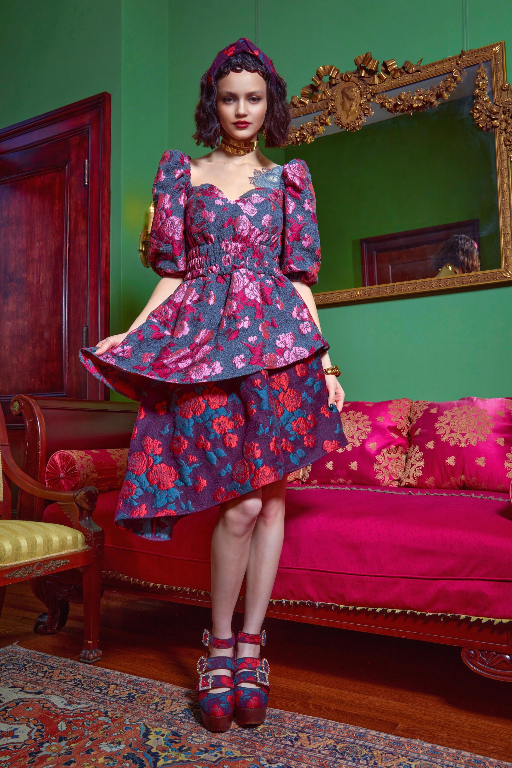 red and blue flared mini dress