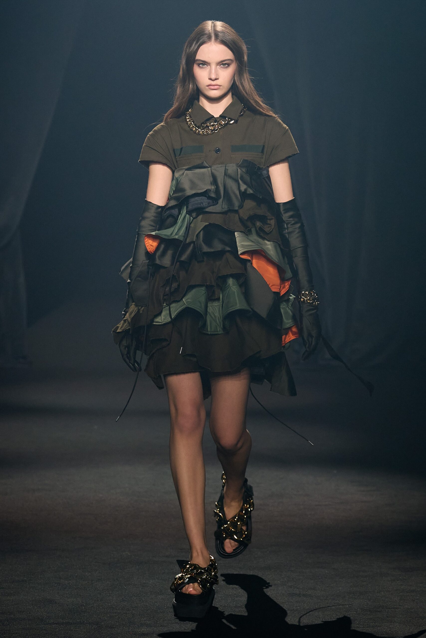 green silk sleeveless collared fitted ruffled layered dress