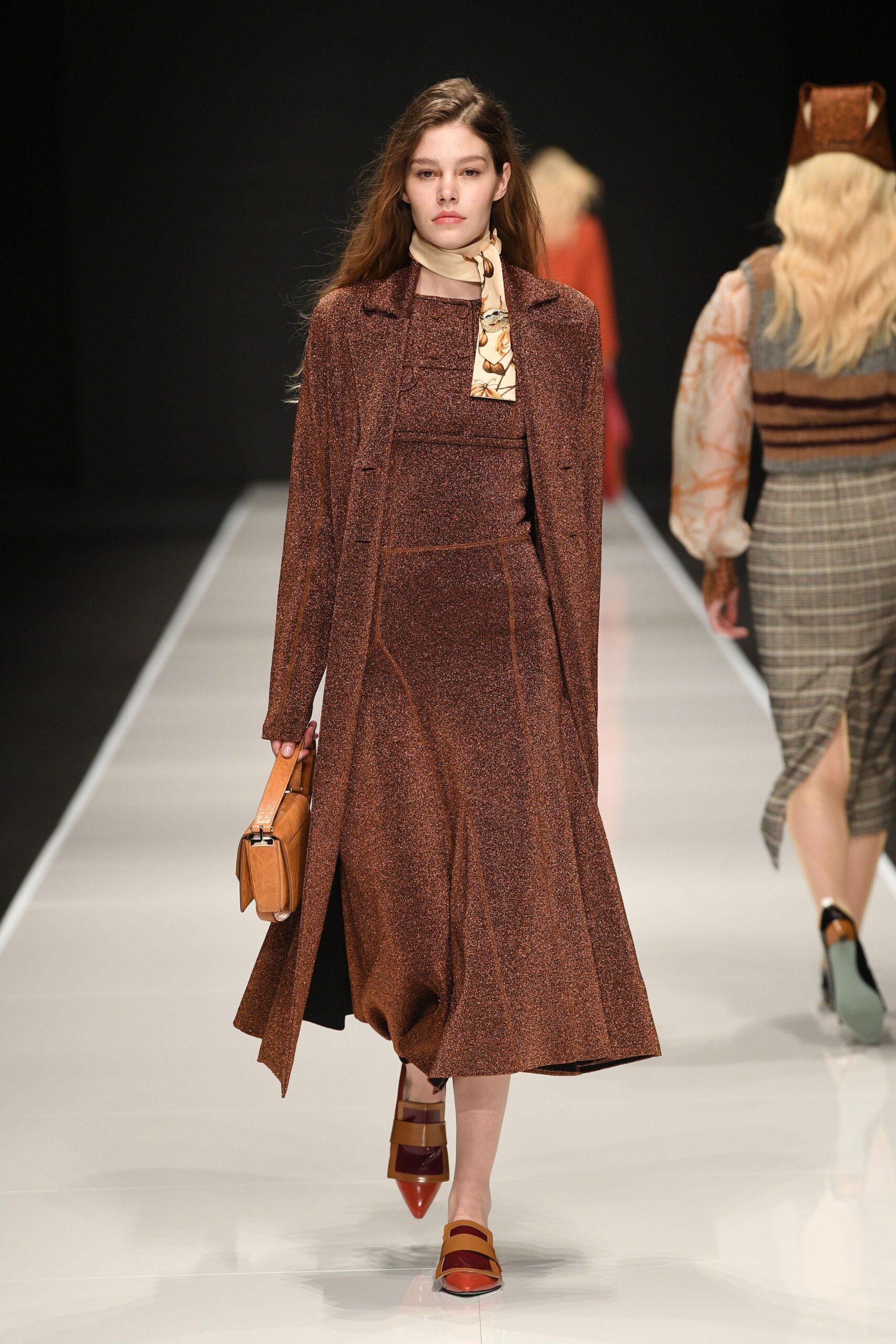 brown silk midi dress with coat