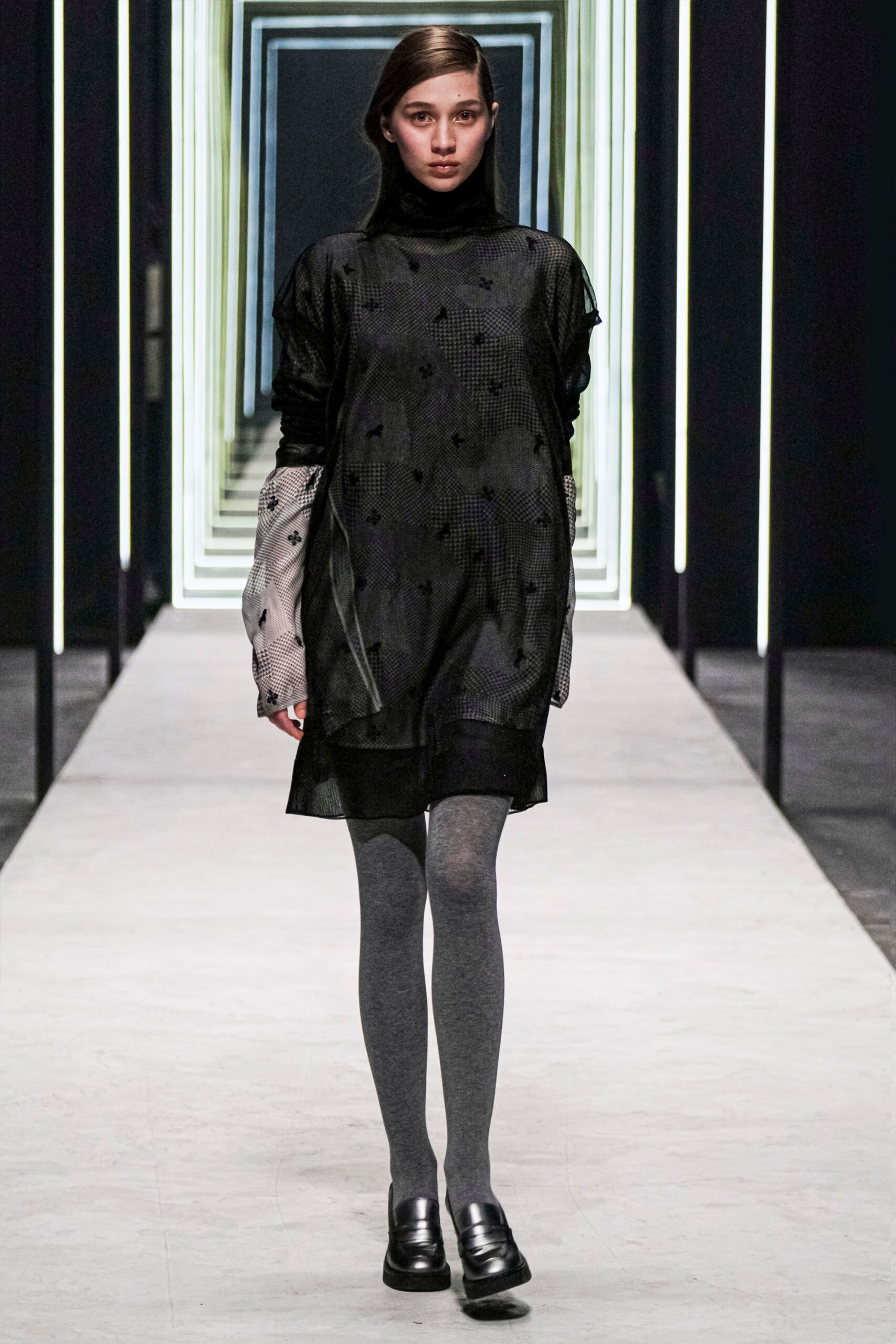 black cotton long-sleeve high-neck relaxed layered short dress