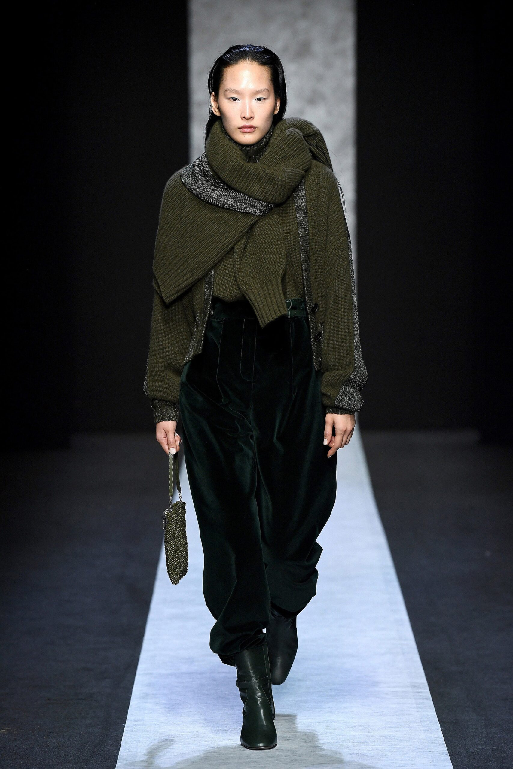 oversized green sweater with velvet pants