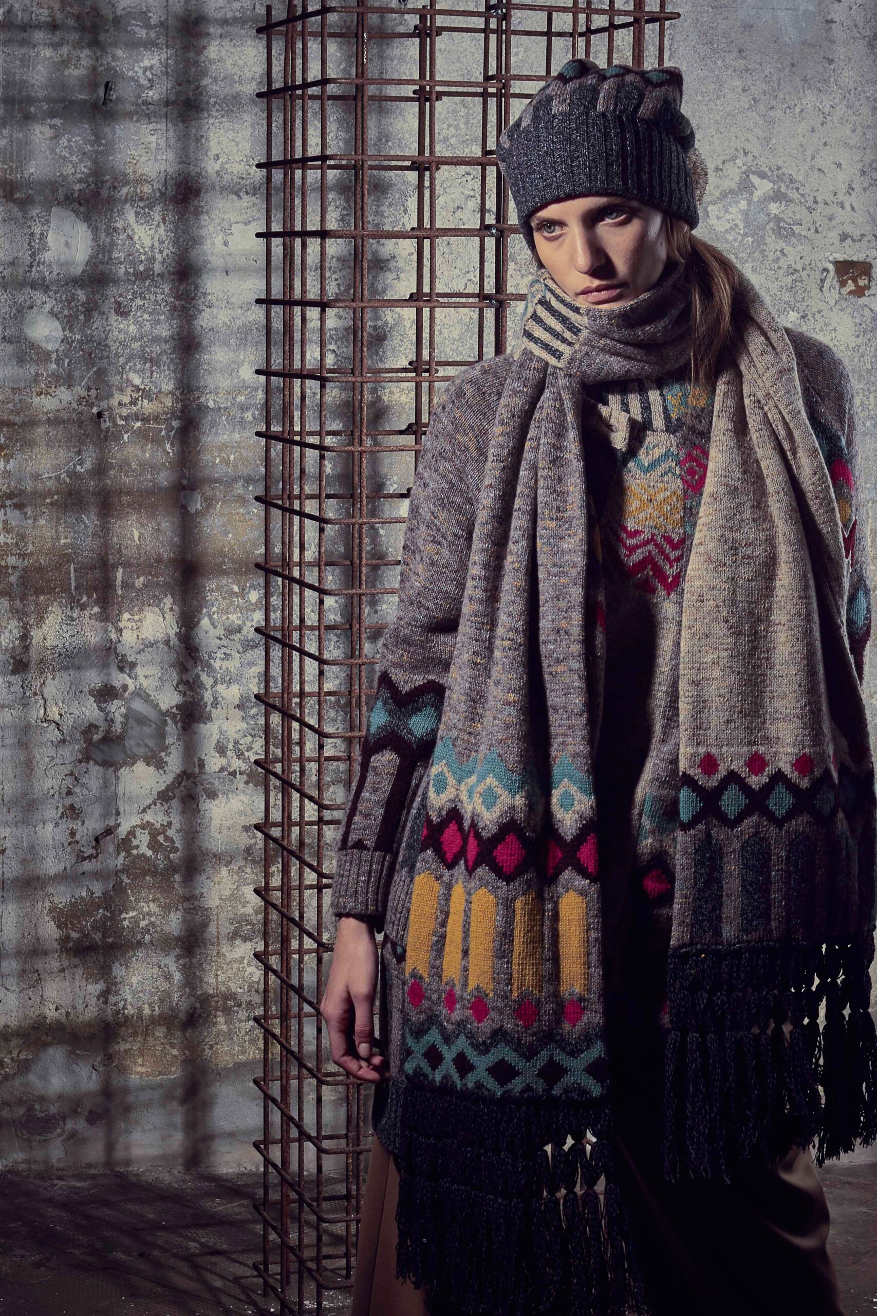 gray wool sweater with scarf