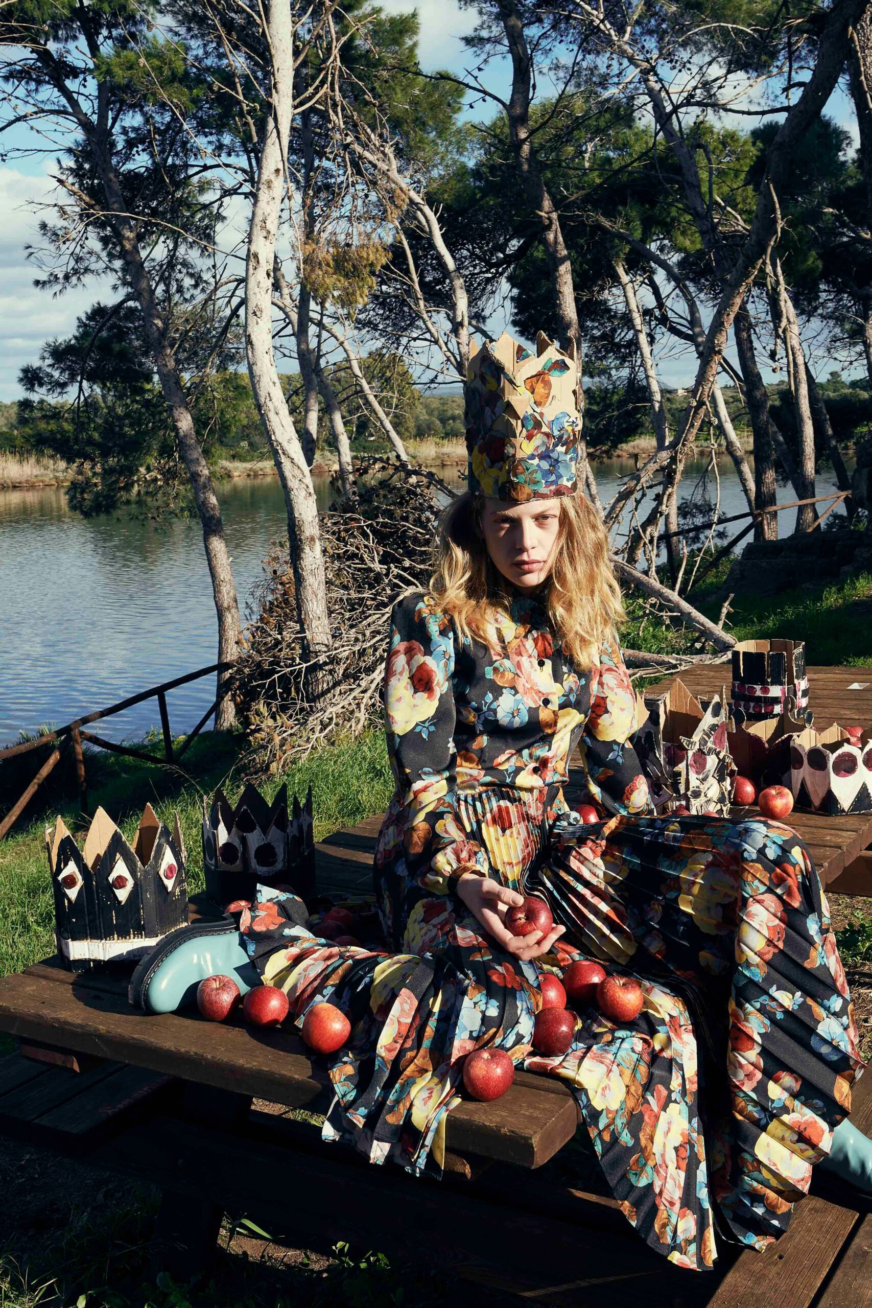 multi-colored pleated midi dress and hat