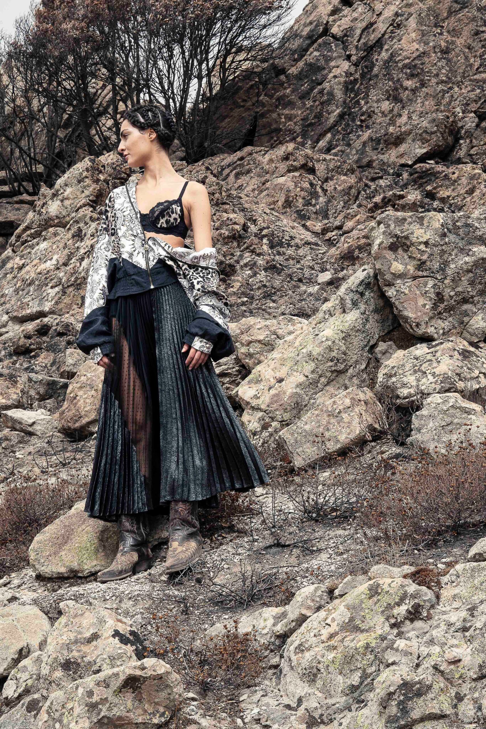 black and white layered top with pleated skirt