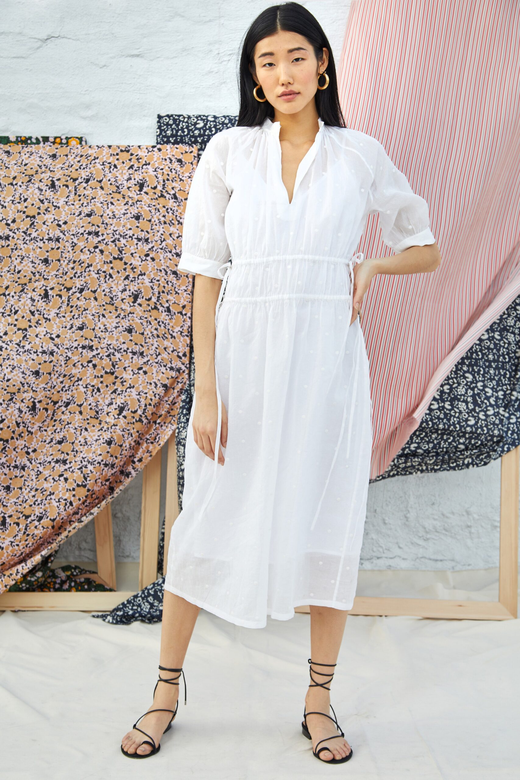 white cotton long-sleeve v-neck relaxed tiered sheer dress