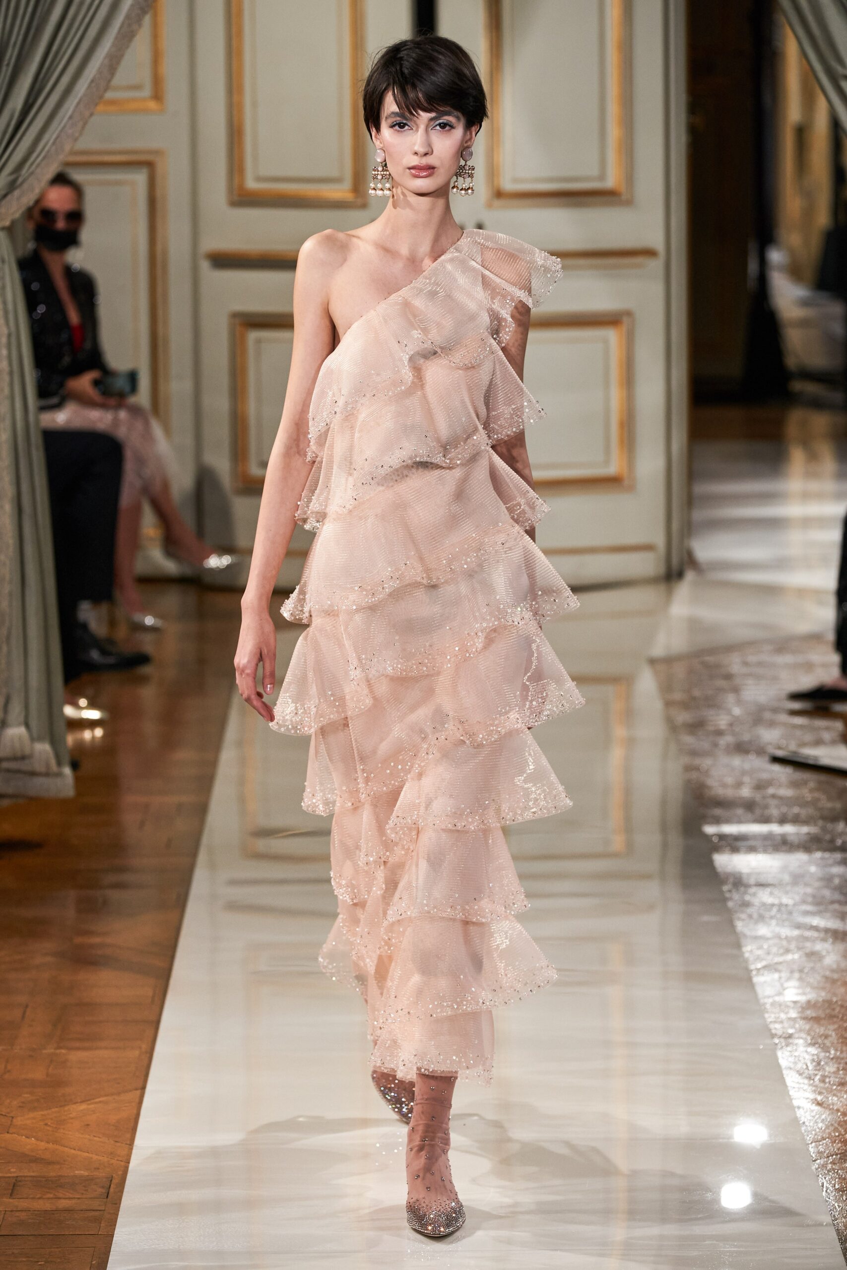 pink chiffon asymmetric ruffled dress