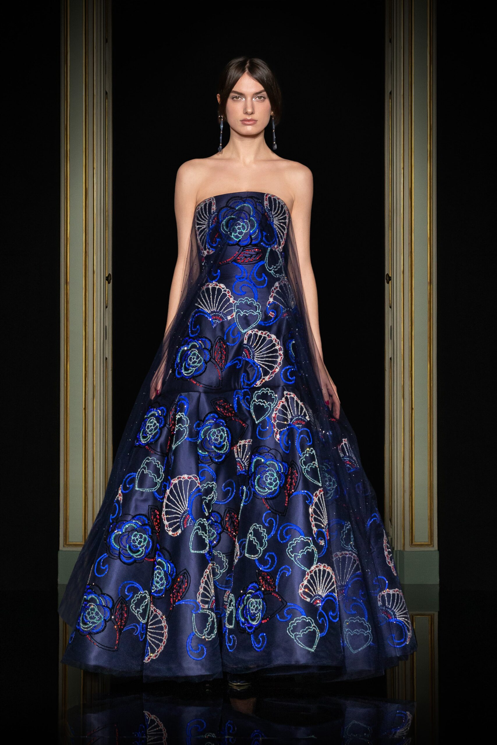 blue embroidered strapless gown