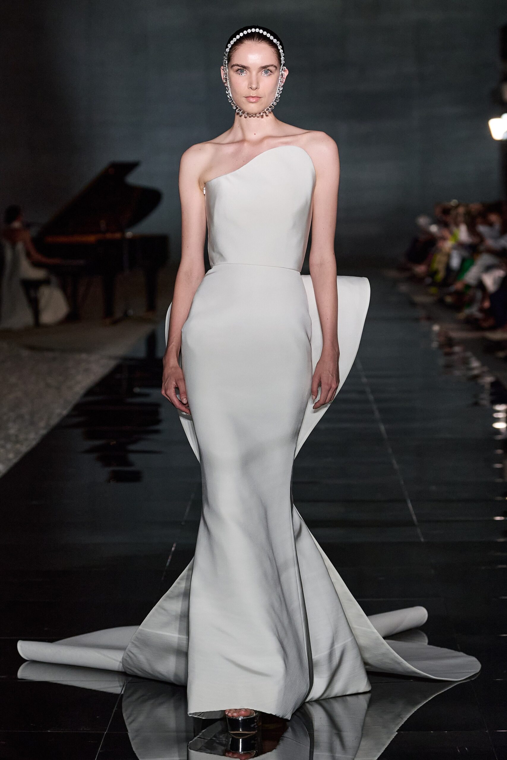 white silk strapless gown