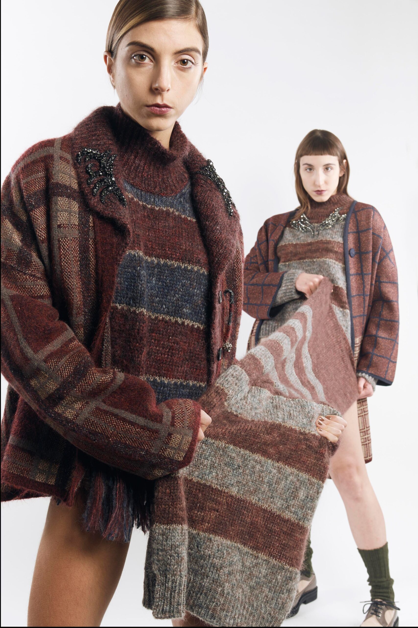 red wool high-neck long-sleeve fitted striped sweater