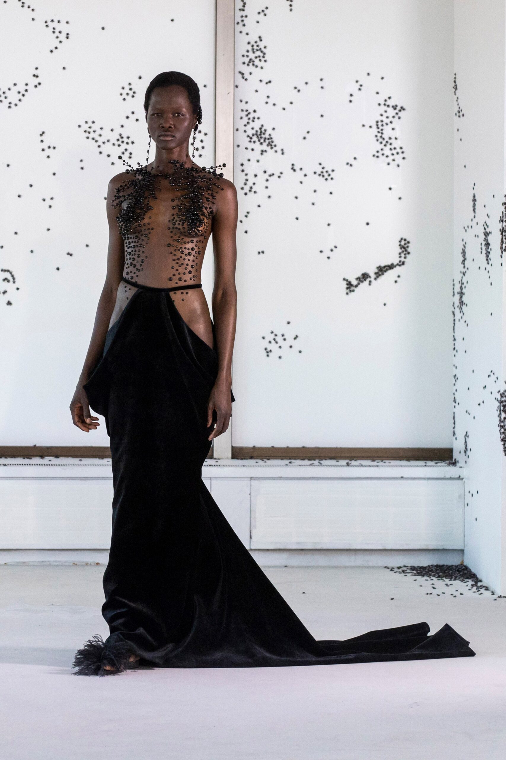 black velvet sleeveless gown