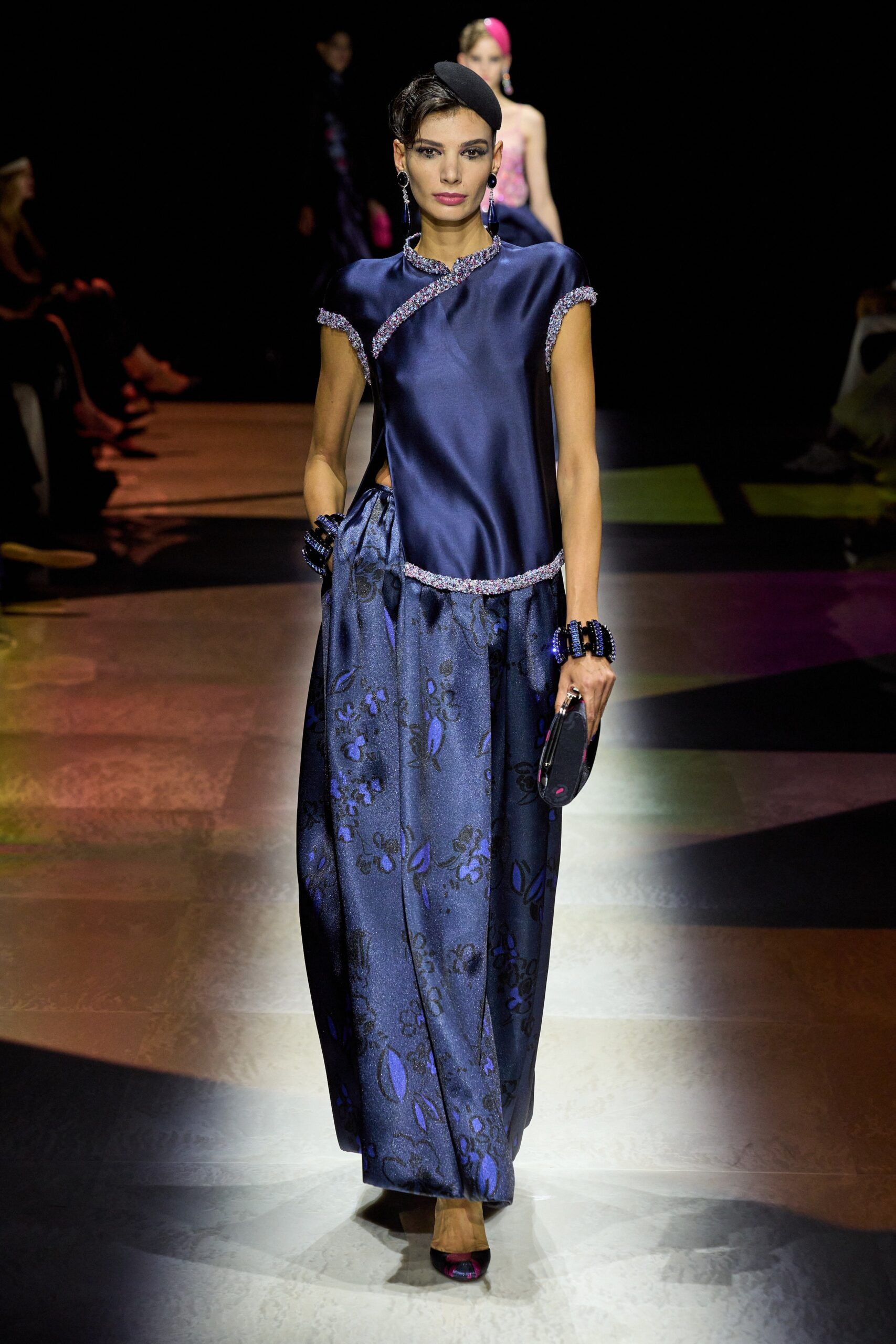 blue purple silk draped dress