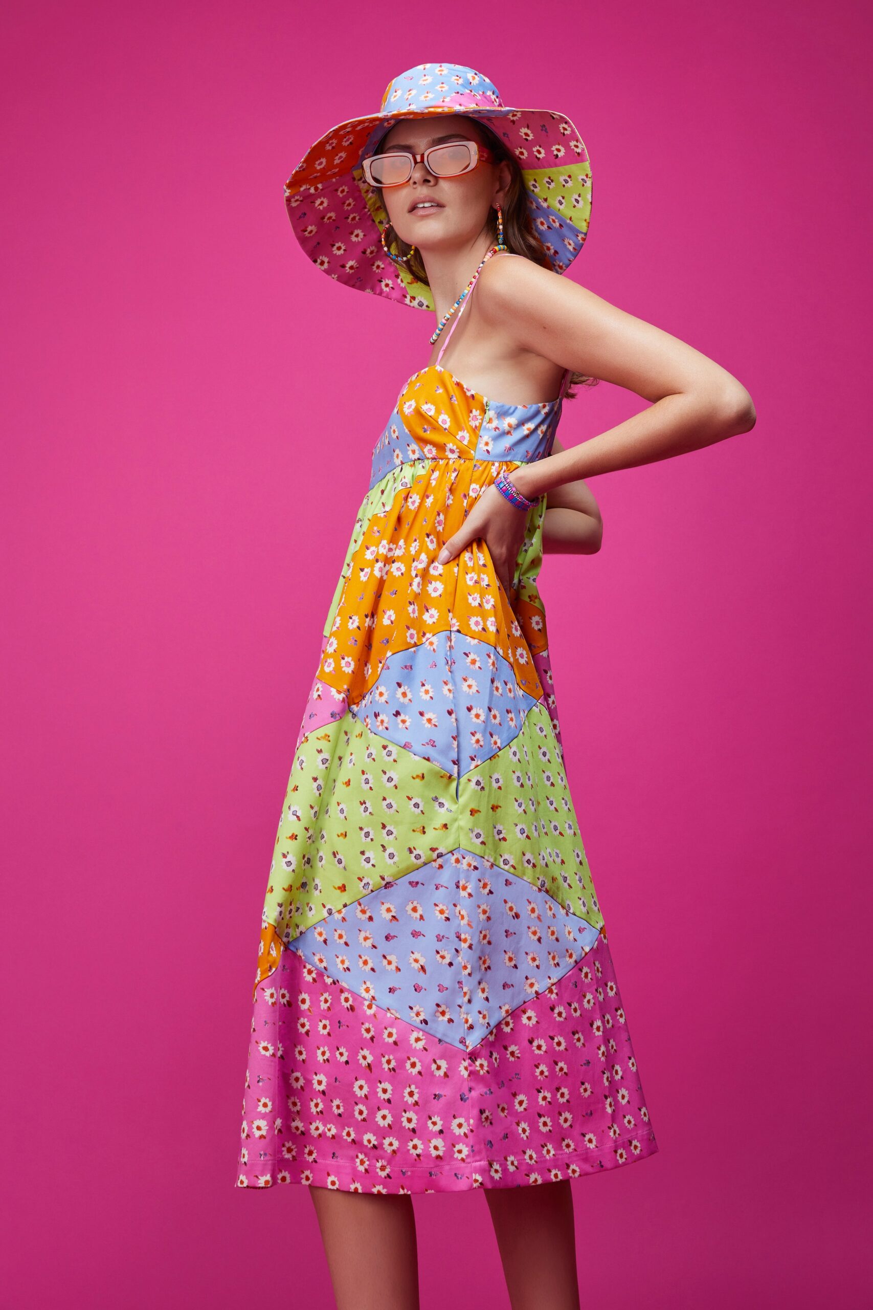 colorful tiered midi dress with hat