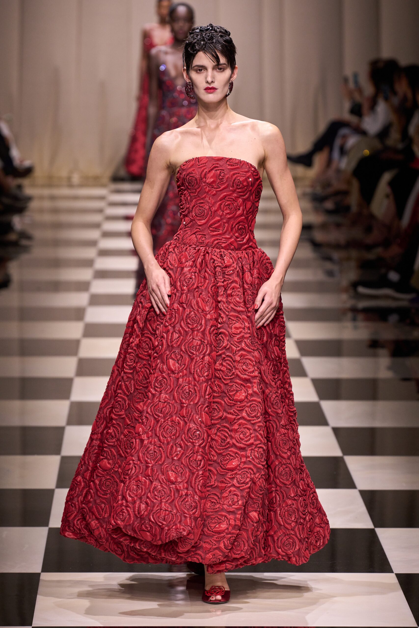 red embroidered strapless gown
