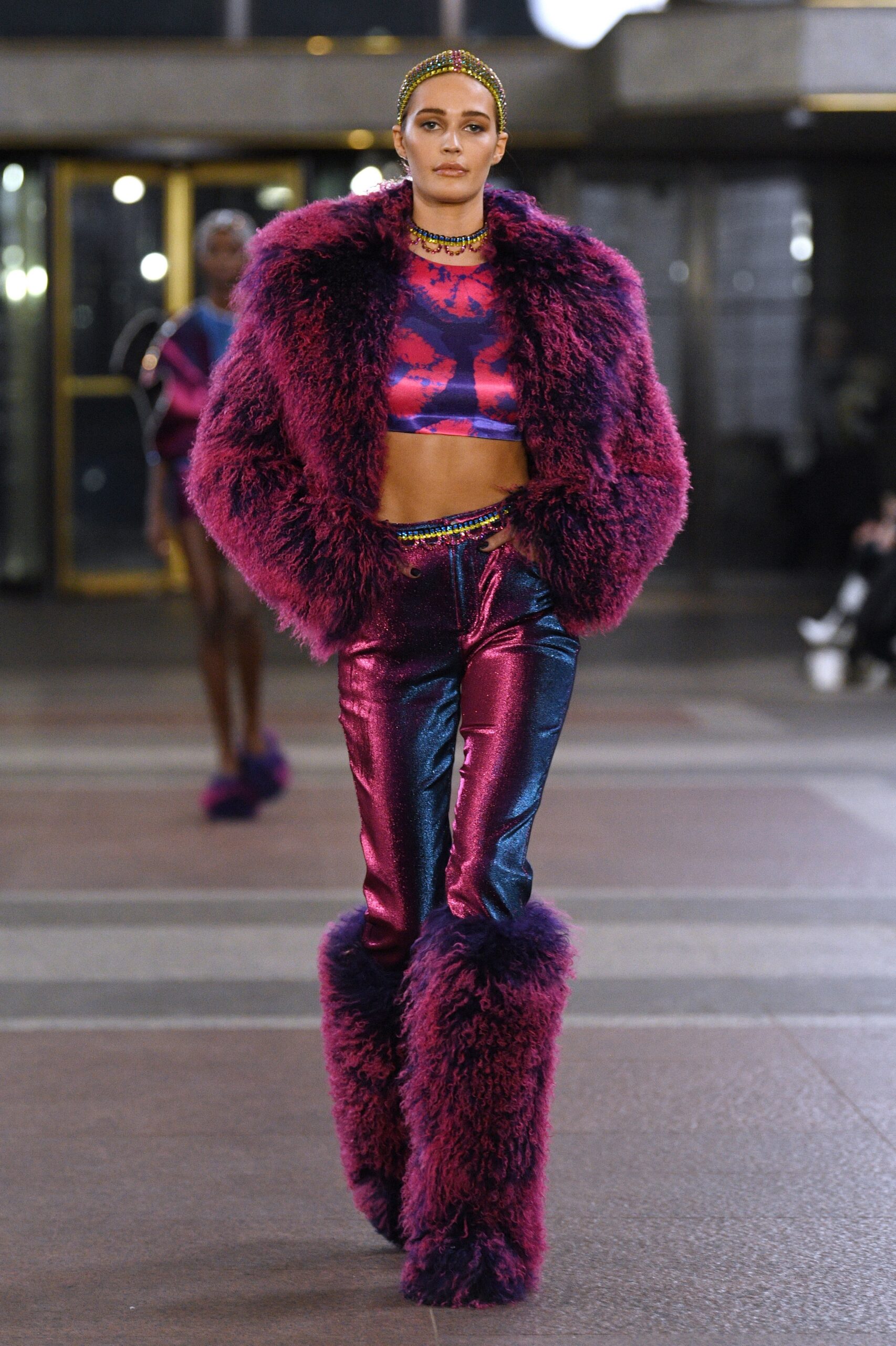 oversized purple faux-fur jacket